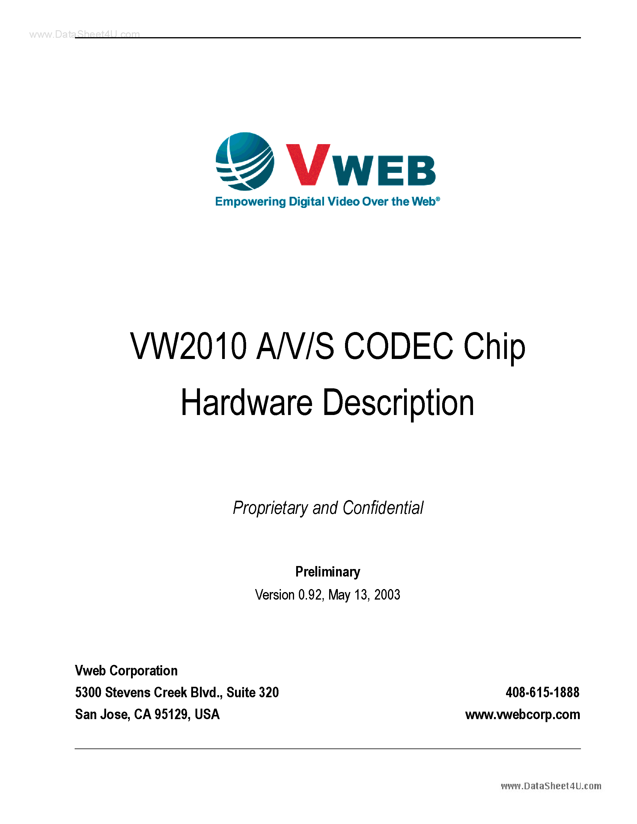 Datasheet VW2010 - MPEG-1/ -2/ -4 Audio/Video CODEC Chip page 1