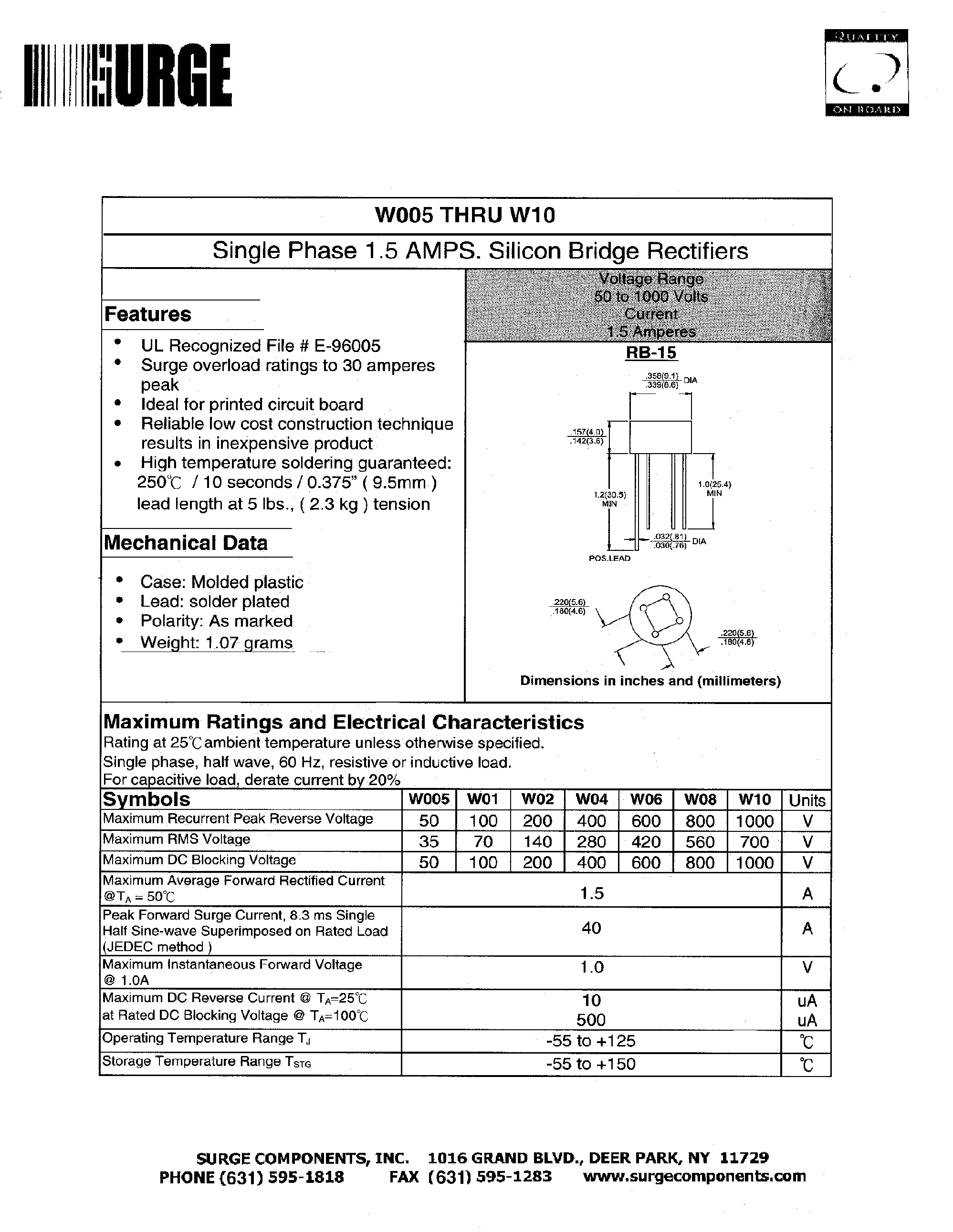 Даташит W005 - Single Phase 1.5 AMPS. Silicon Bridge Rectifiers страница 1