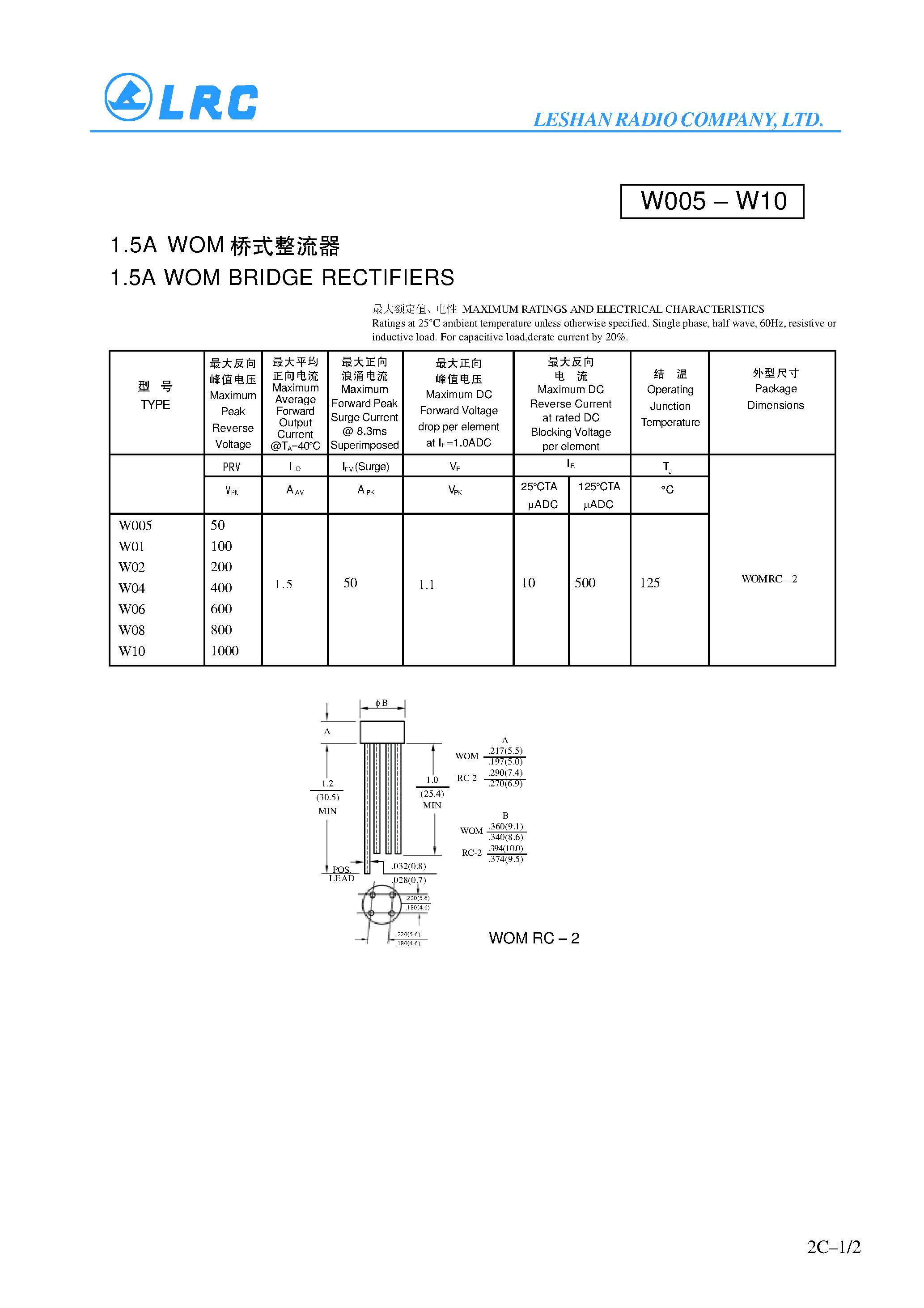 Datasheet W01 - 1.5A WOM BRIDGE RECTIFIERS page 1