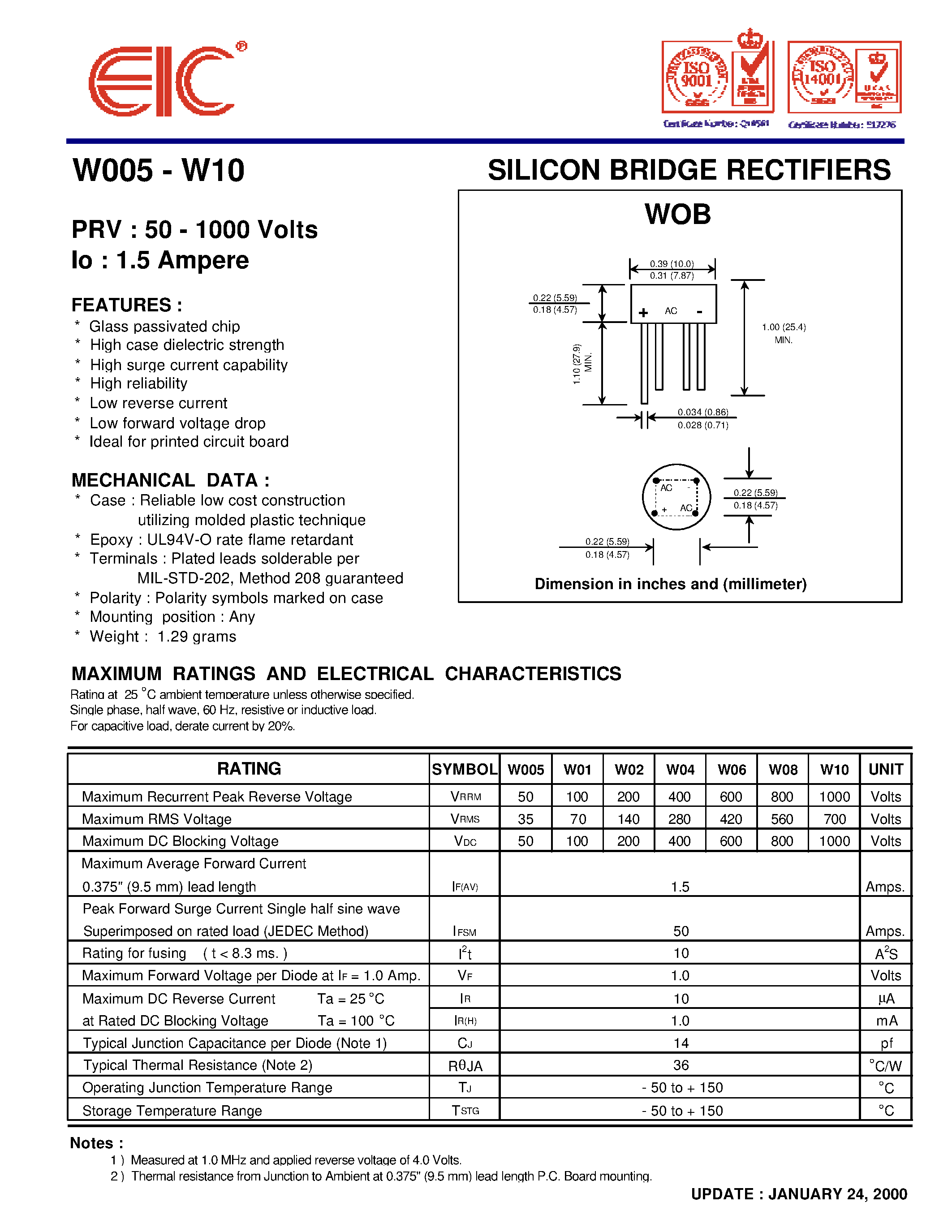 Datasheet W01 - SILICON BRIDGE RECTIFIERS page 1