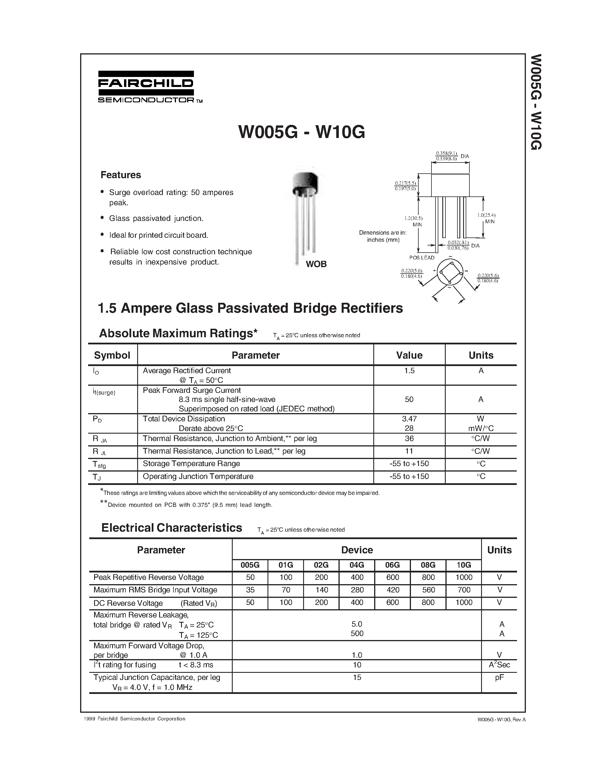 Datasheet W01G - 1.5 Ampere Glass Passivated Bridge Rectifiers page 1