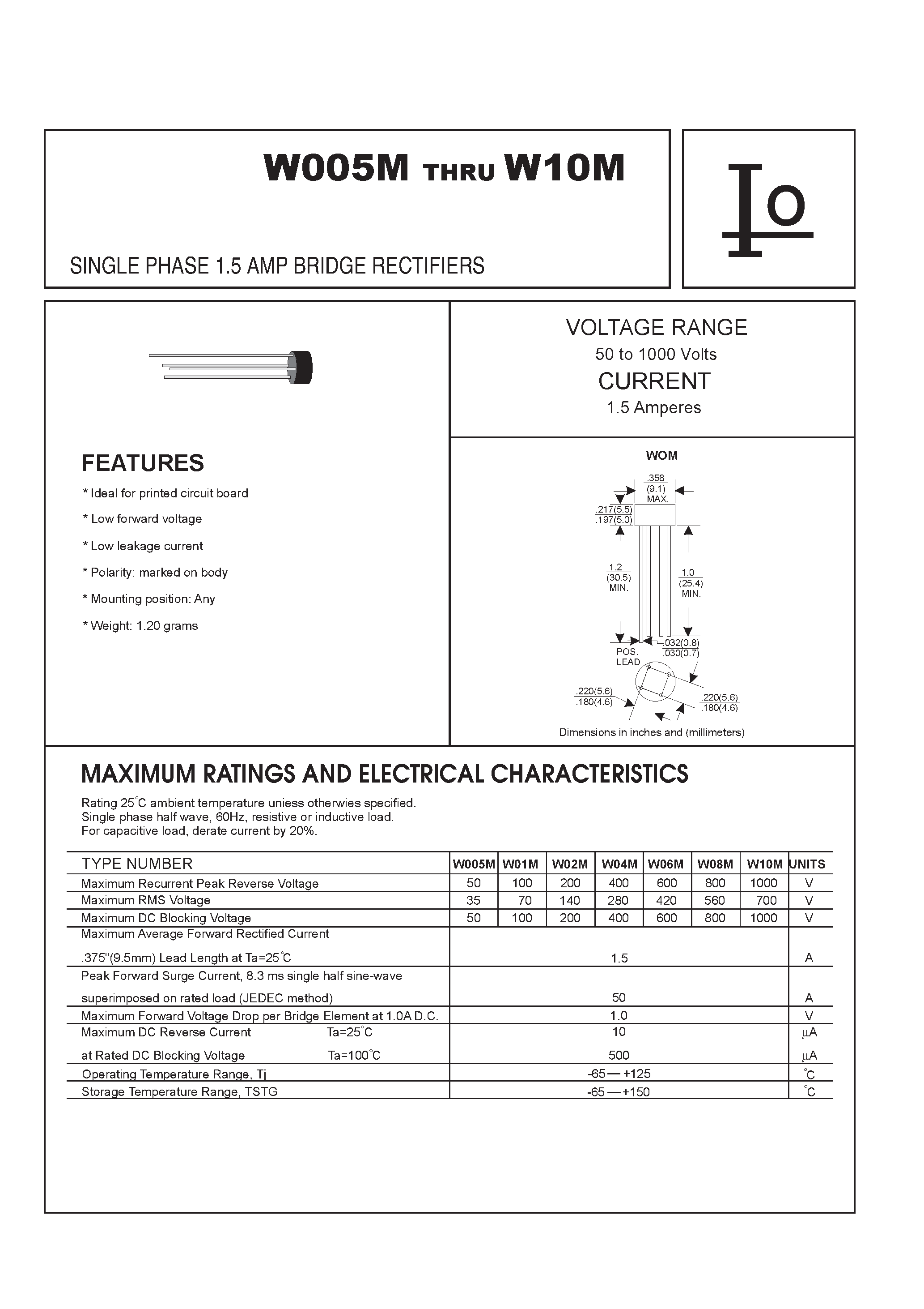 Datasheet W01M - SINGLE PHASE 1.5 AMP BRIDGE RECTIFIERS page 1