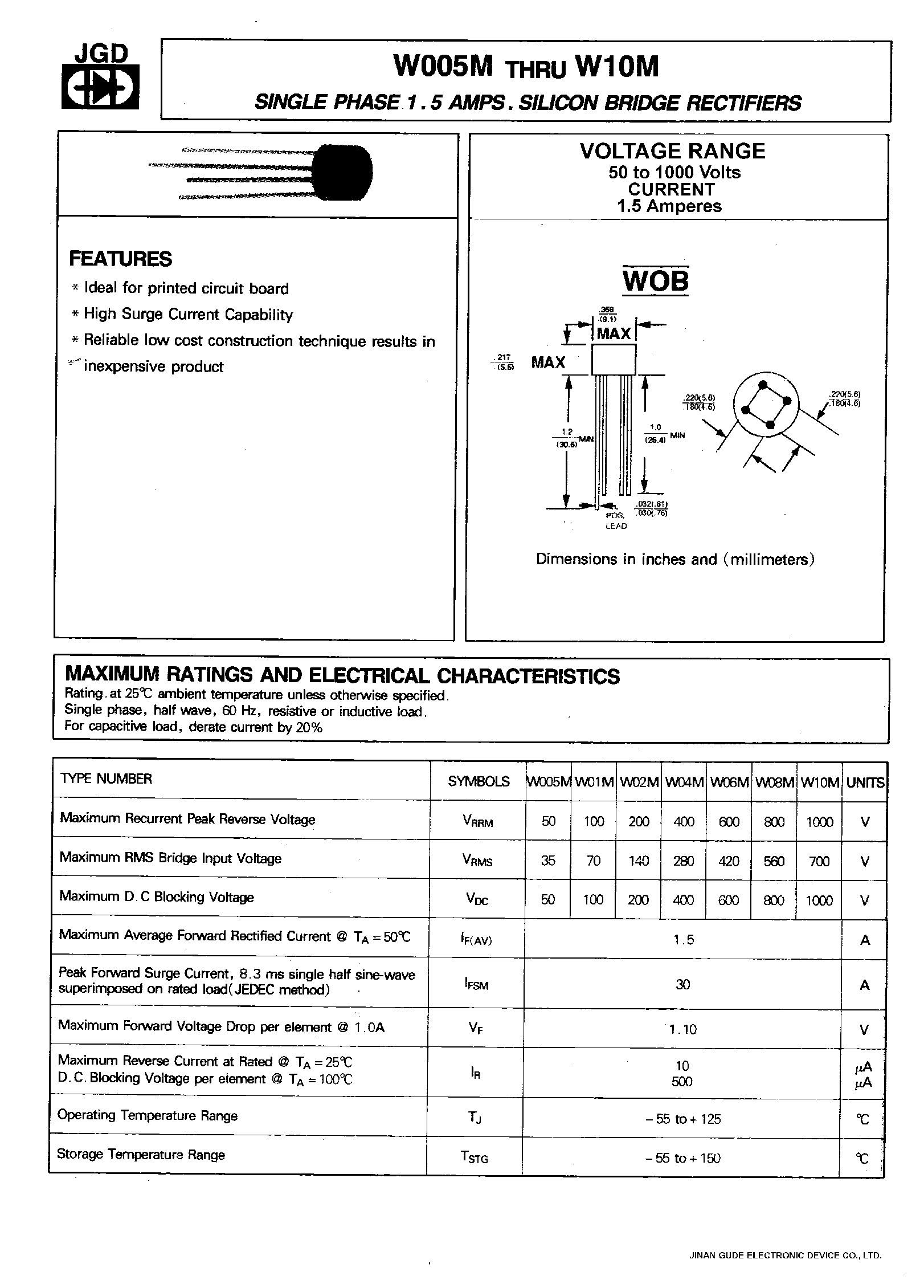 Datasheet W01M - SINGLE PHASE 1.5 AMPS. SILICON BRIDGE RECTIFIERS page 1