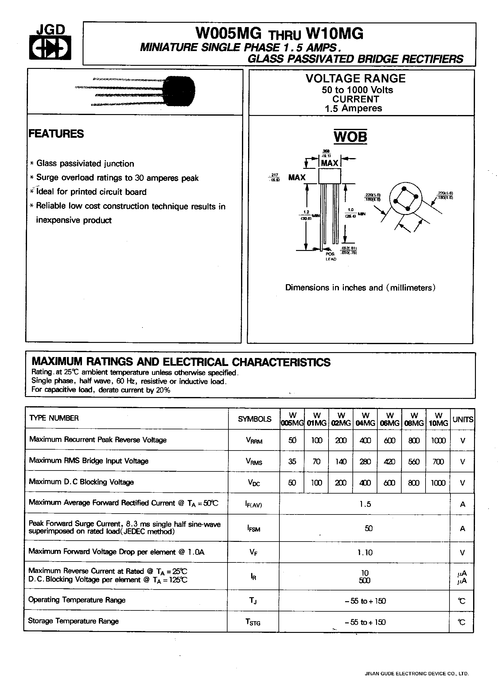 Datasheet W01MG - MINIATURE SINGLE PHASE 1.5 AMPS. GLASS PASSIVATED BRIDGE RECTIFIERS page 1