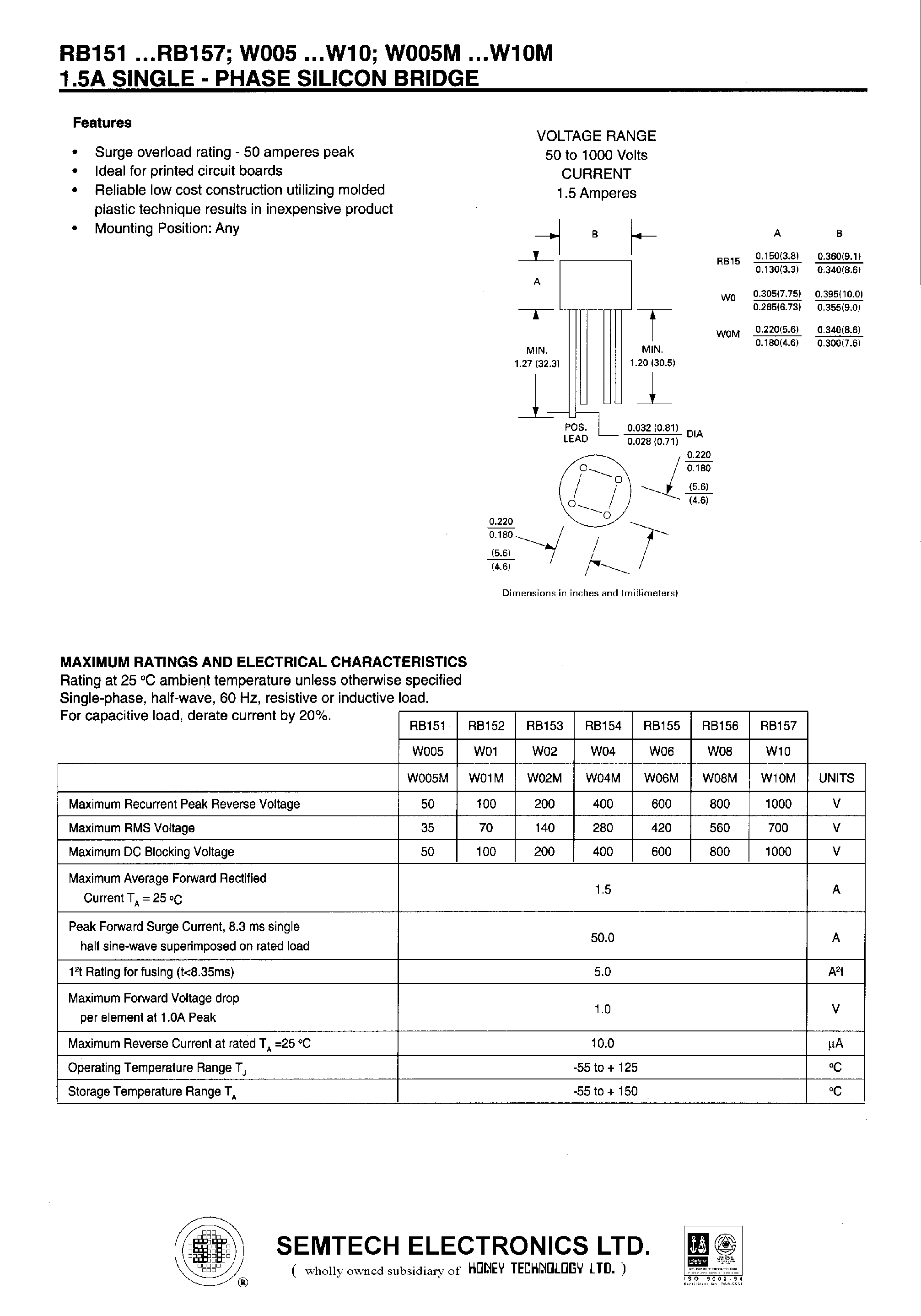 Даташит W02 - 1.5A SINGLE - PHASE SILICON BRIDGE страница 1