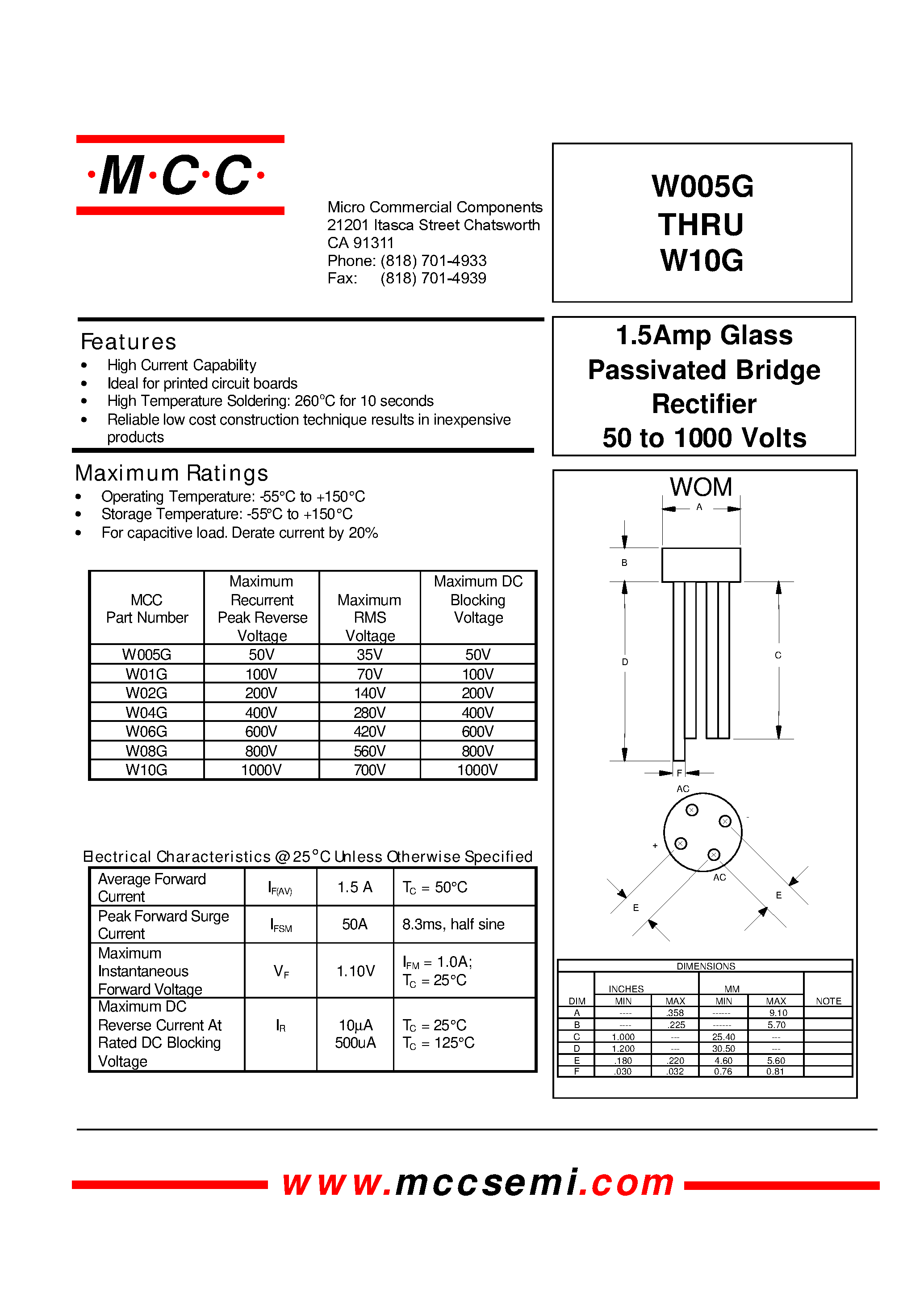 Даташит W02G - 1.5Amp Glass Passivated Bridge Rectifier 50 to 1000 Volts страница 1