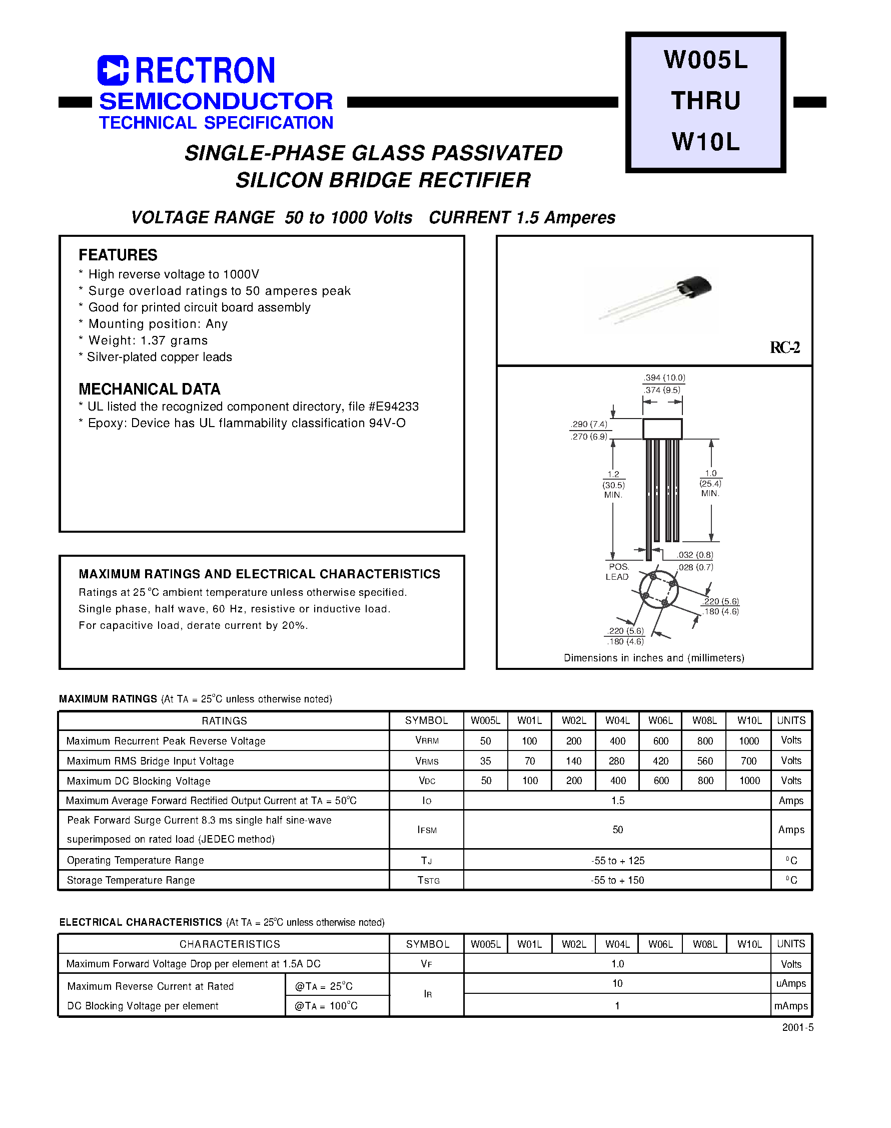 Даташит W02L - SINGLE-PHASE GLASS PASSIVATED SILICON BRIDGE RECTIFIER (VOLTAGE RANGE 50 to 1000 Volts CURRENT 1.5 Amperes) страница 1