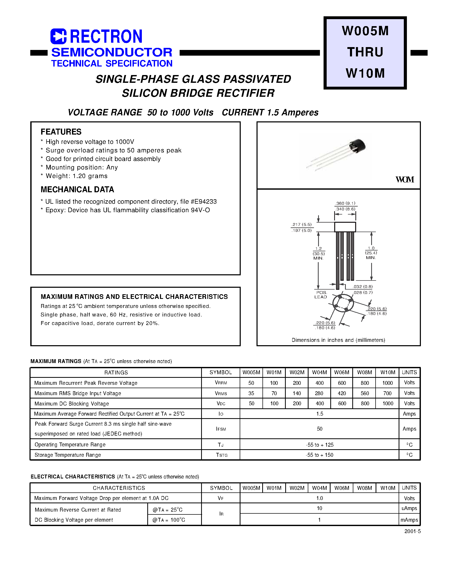 Даташит W02M - SINGLE-PHASE GLASS PASSIVATED SILICON BRIDGE RECTIFIER(VOLTAGE RANGE 50 to 1000 Volts CURRENT 1.5 Amperes) страница 1