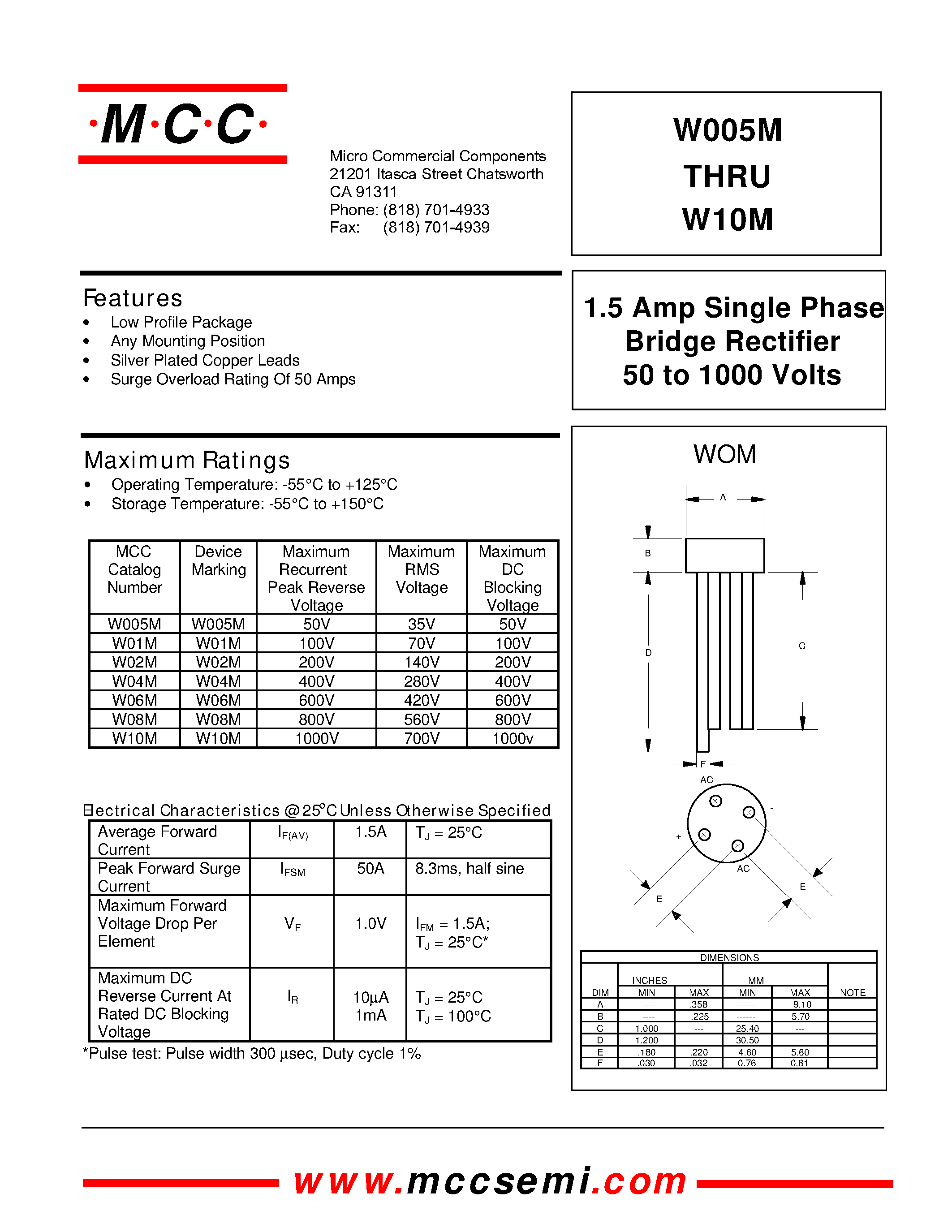 Даташит W02M - 1.5 Amp Single Phase Bridge Rectifier 50 to 1000 Volts страница 1