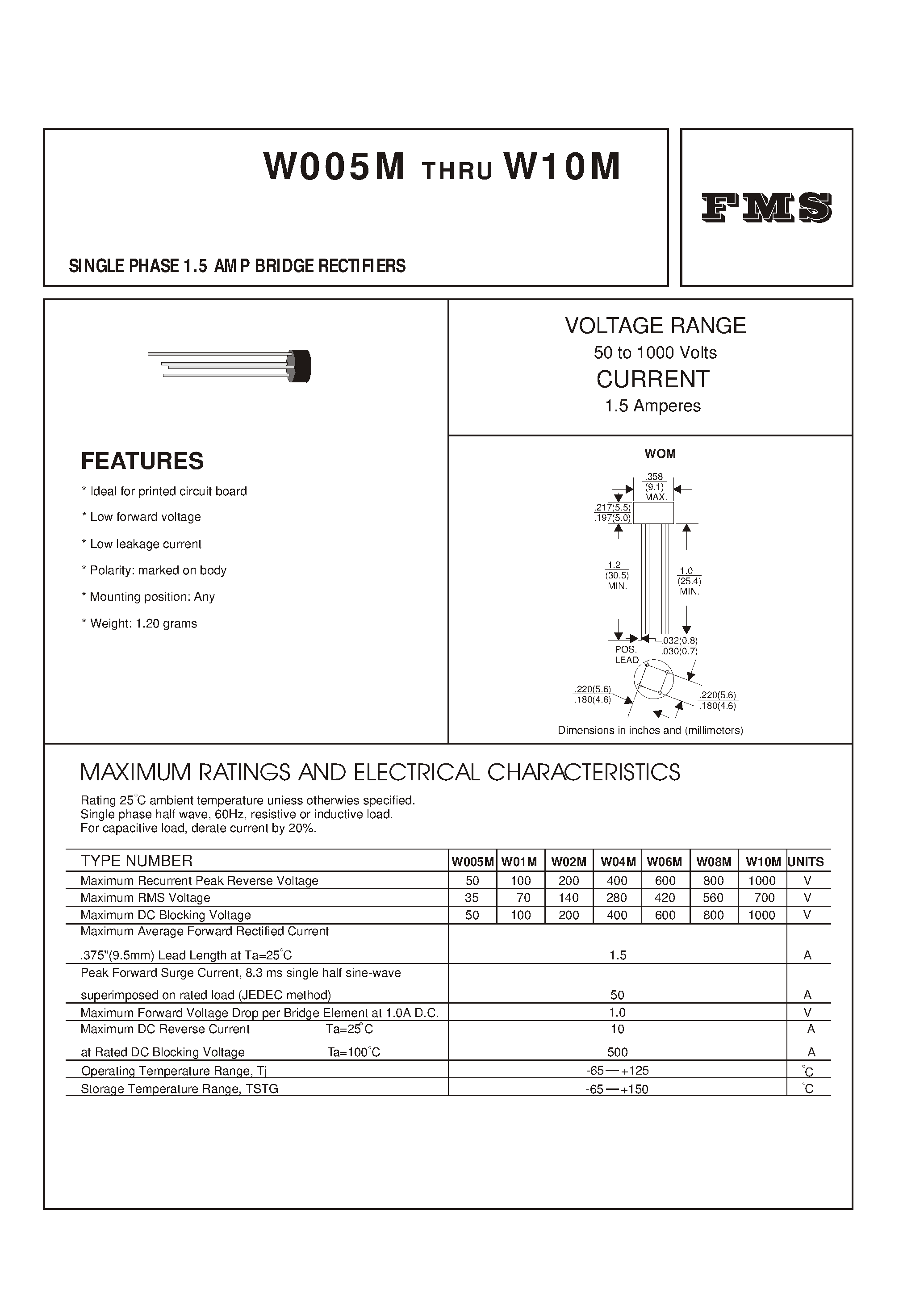 Datasheet W02M - SINGLE PHASE 1.5 AMP BRIDGE RECTIFIERS page 1