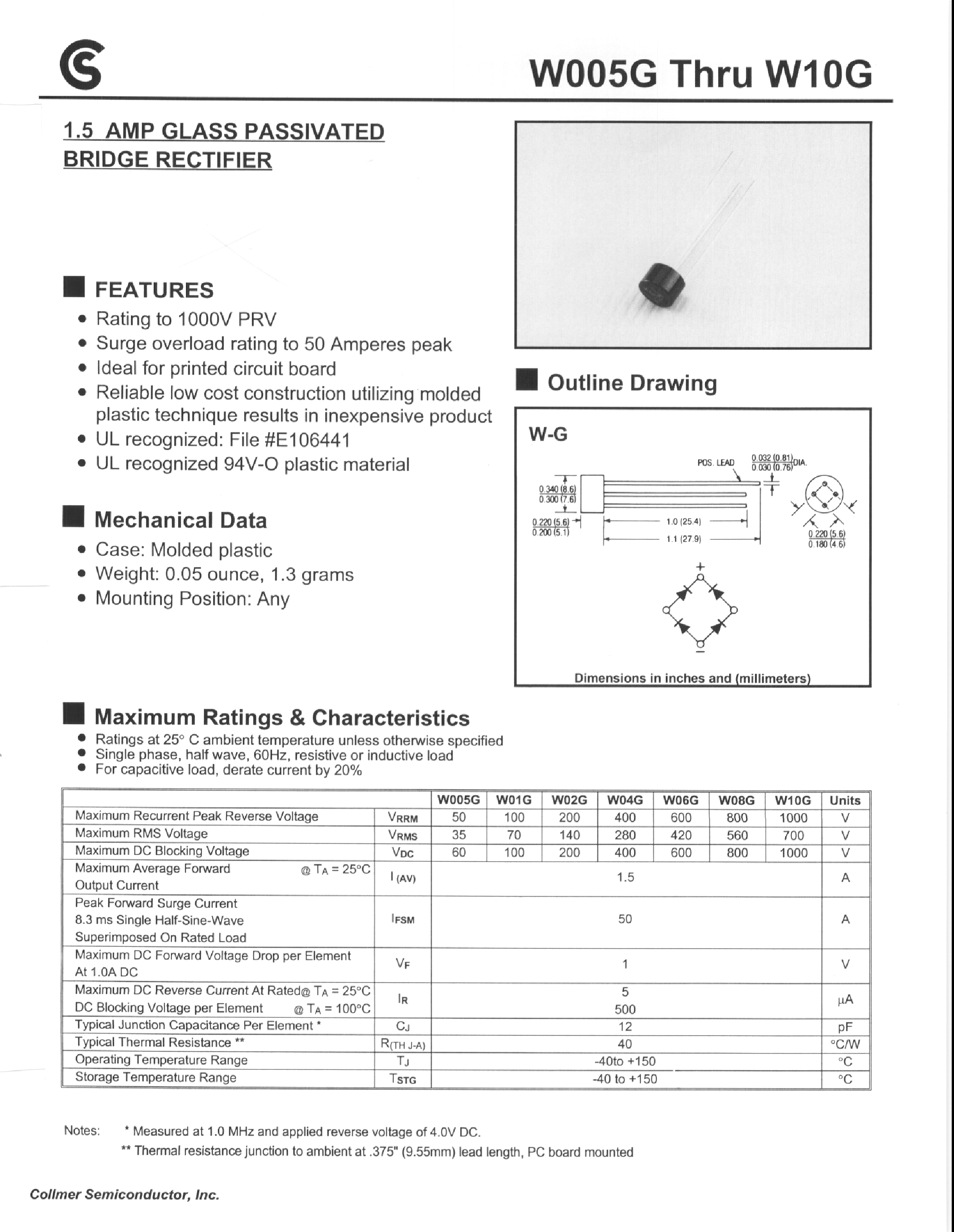 Даташит W03G - 1.5 AMP GLASS PASSIVATED BRIDGE RECTIFIER страница 1