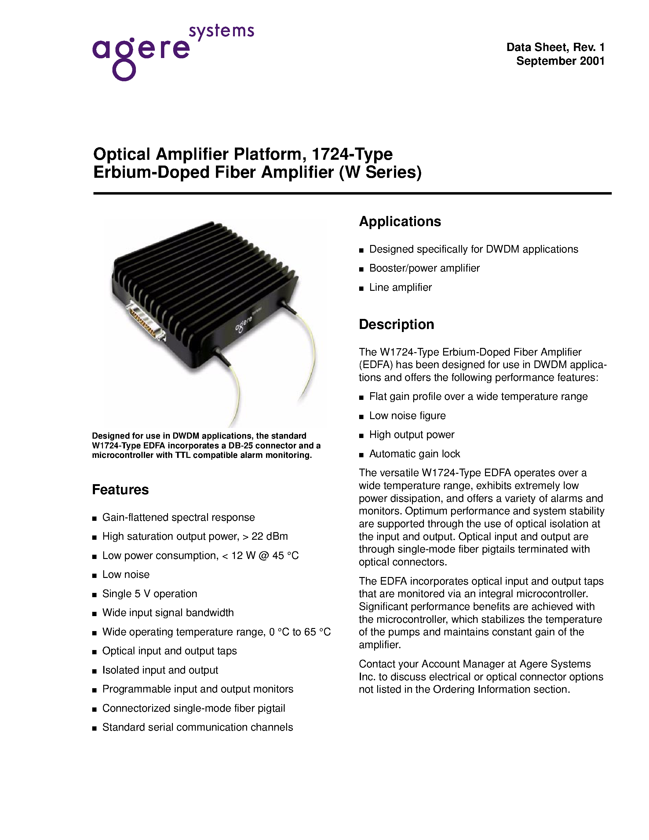 Даташит W1724CBBAD - Optical Amplifier Platform/1724-Type Eribium-Doped Fiber Amplifier(W Series) страница 1