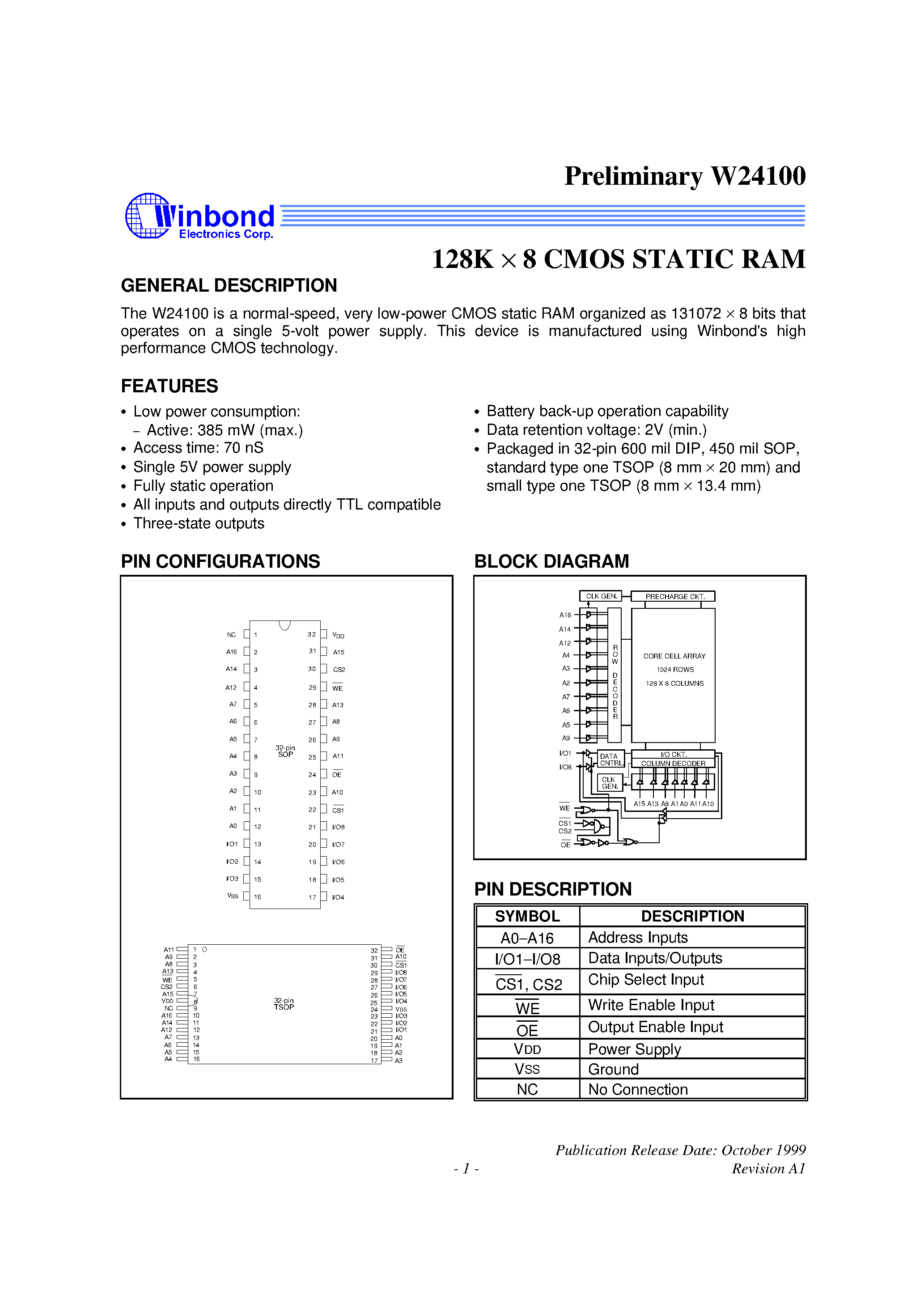 Даташит W24100Q-70LL - 128K X 8 CMOS STATIC RAM страница 1