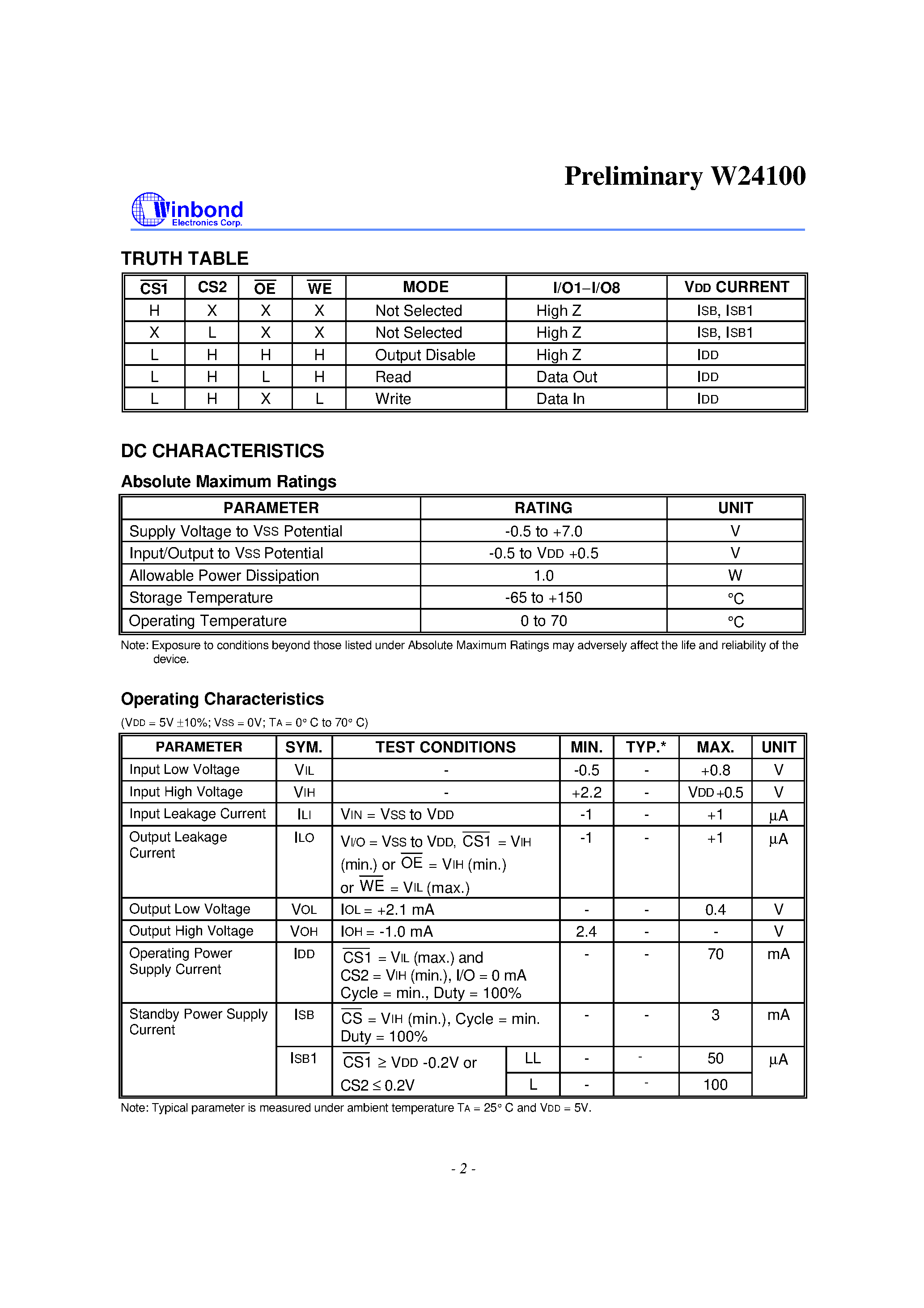 Даташит W24100T-70LL - 128K X 8 CMOS STATIC RAM страница 2