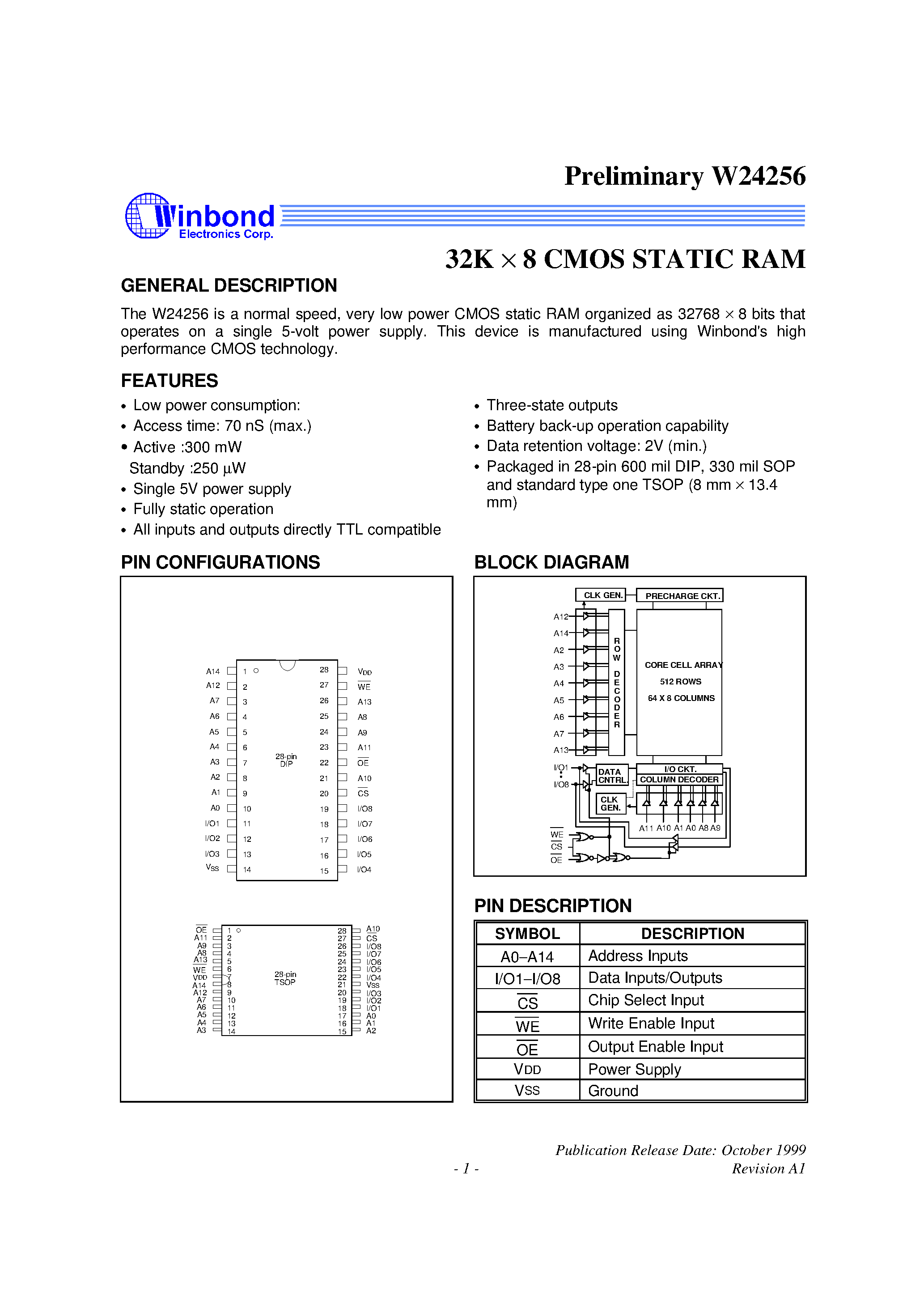 Даташит W24256 - 32K X 8 CMOS STATIC RAM страница 1