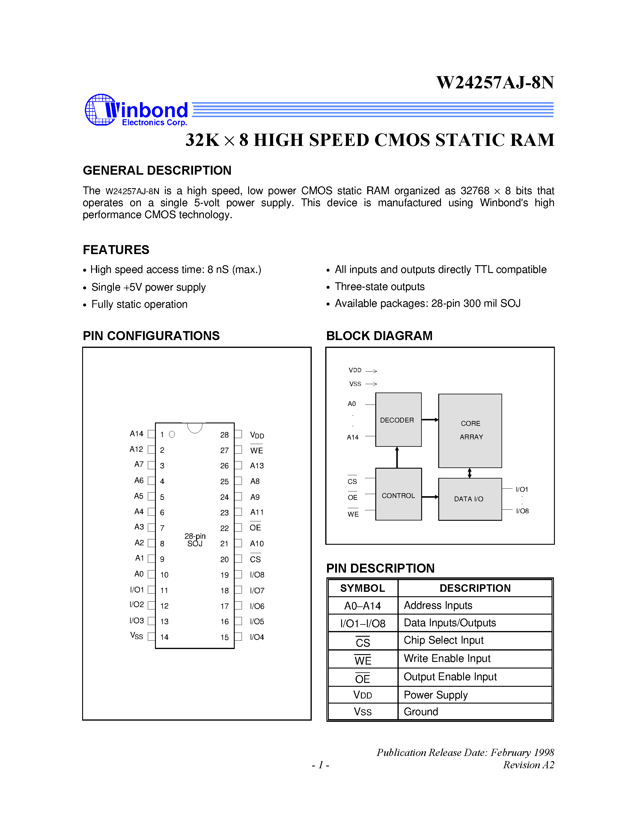 Даташит W24257AJ-8N - 32K X 8 High Speed CMOS Static RAM страница 1