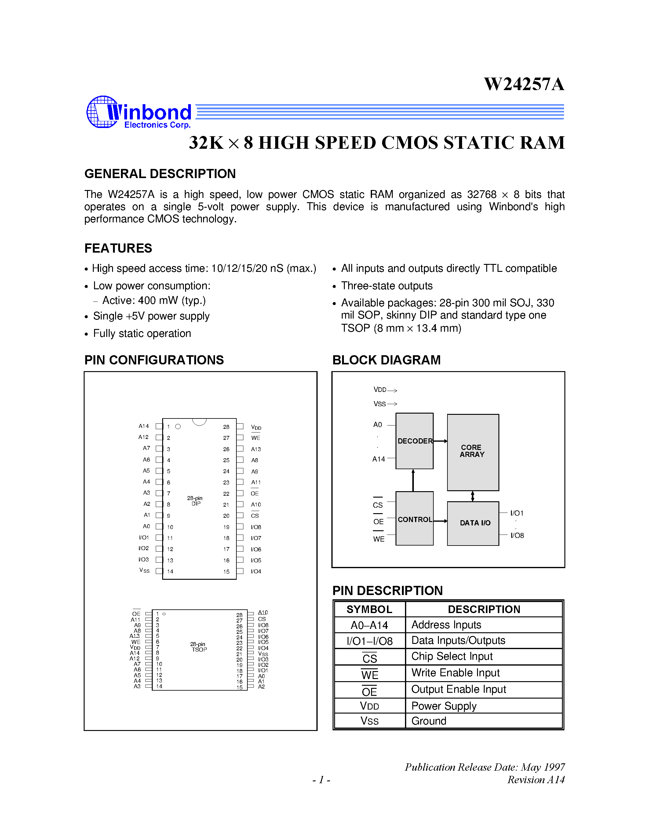 Datasheet W24257AS-12 - 32K X 8 High Speed CMOS Static RAM page 1