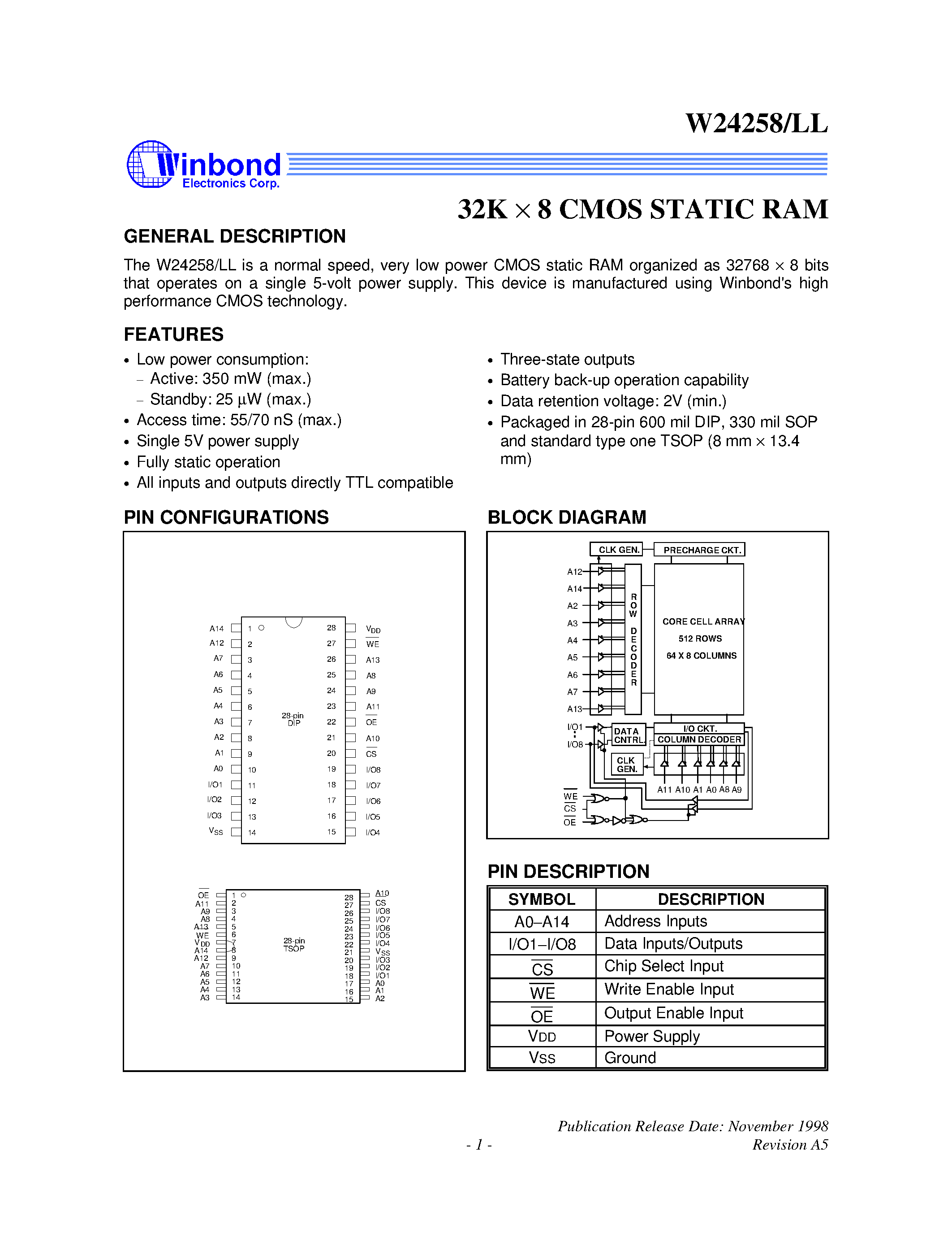 Datasheet W24258-55LL - 32K X 8 CMOS STATIC RAM page 1