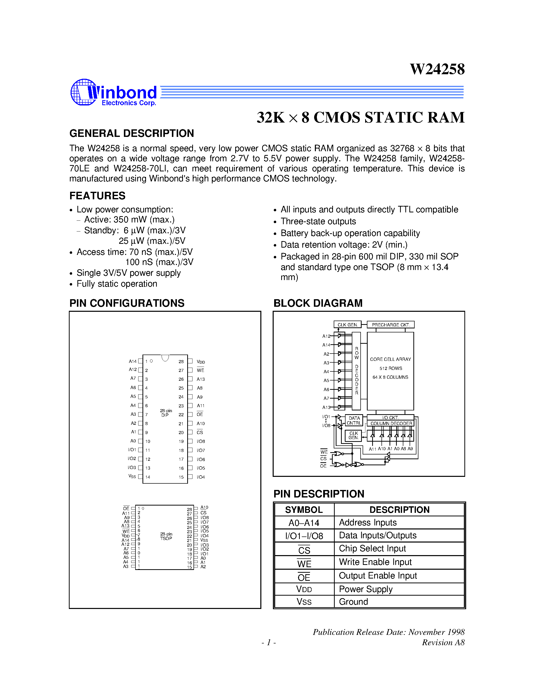 Даташит W24258-70LE - 32K X 8 CMOS STATIC RAM страница 1