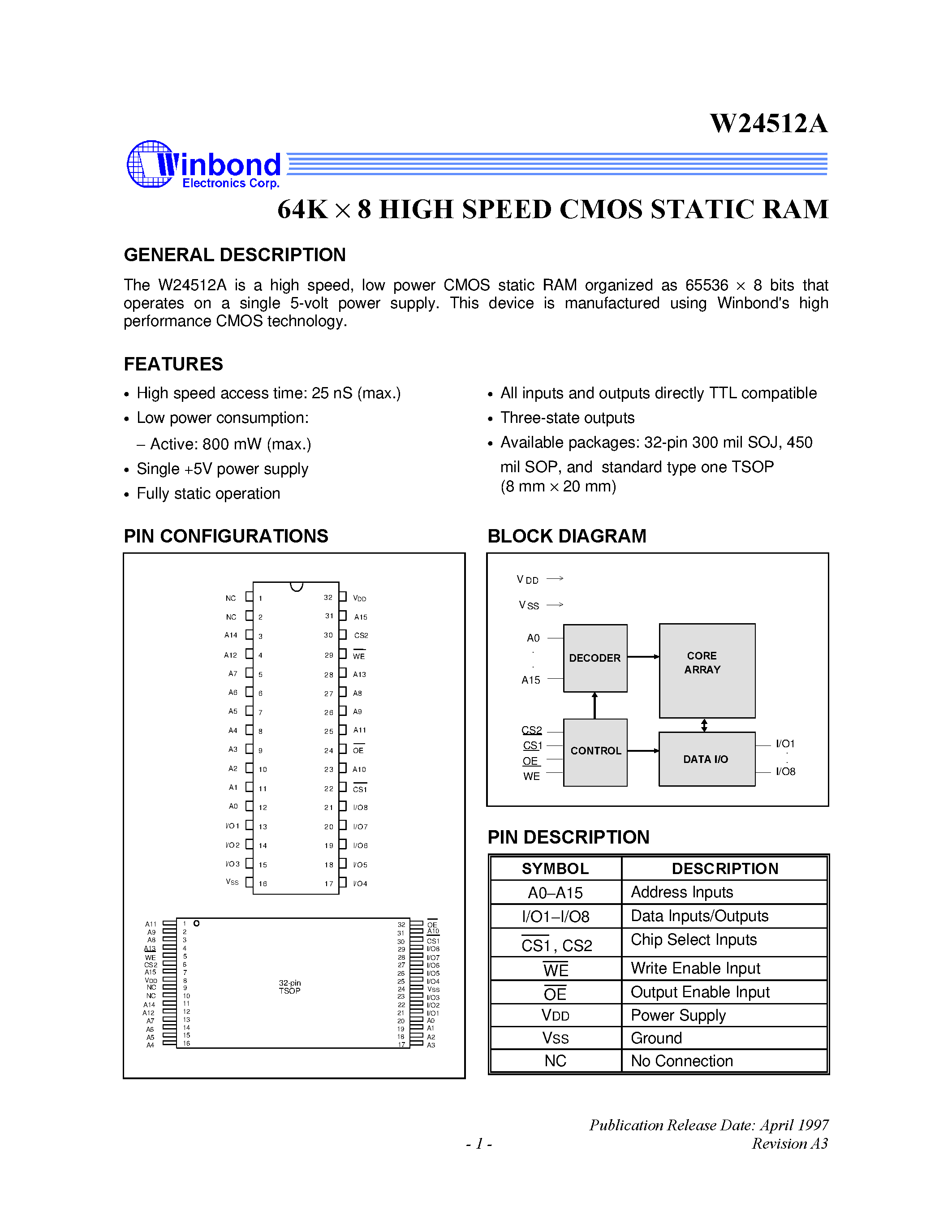 Даташит W24512 - 64K X 8 HIGH SPEED CMOS STATIC RAM страница 1