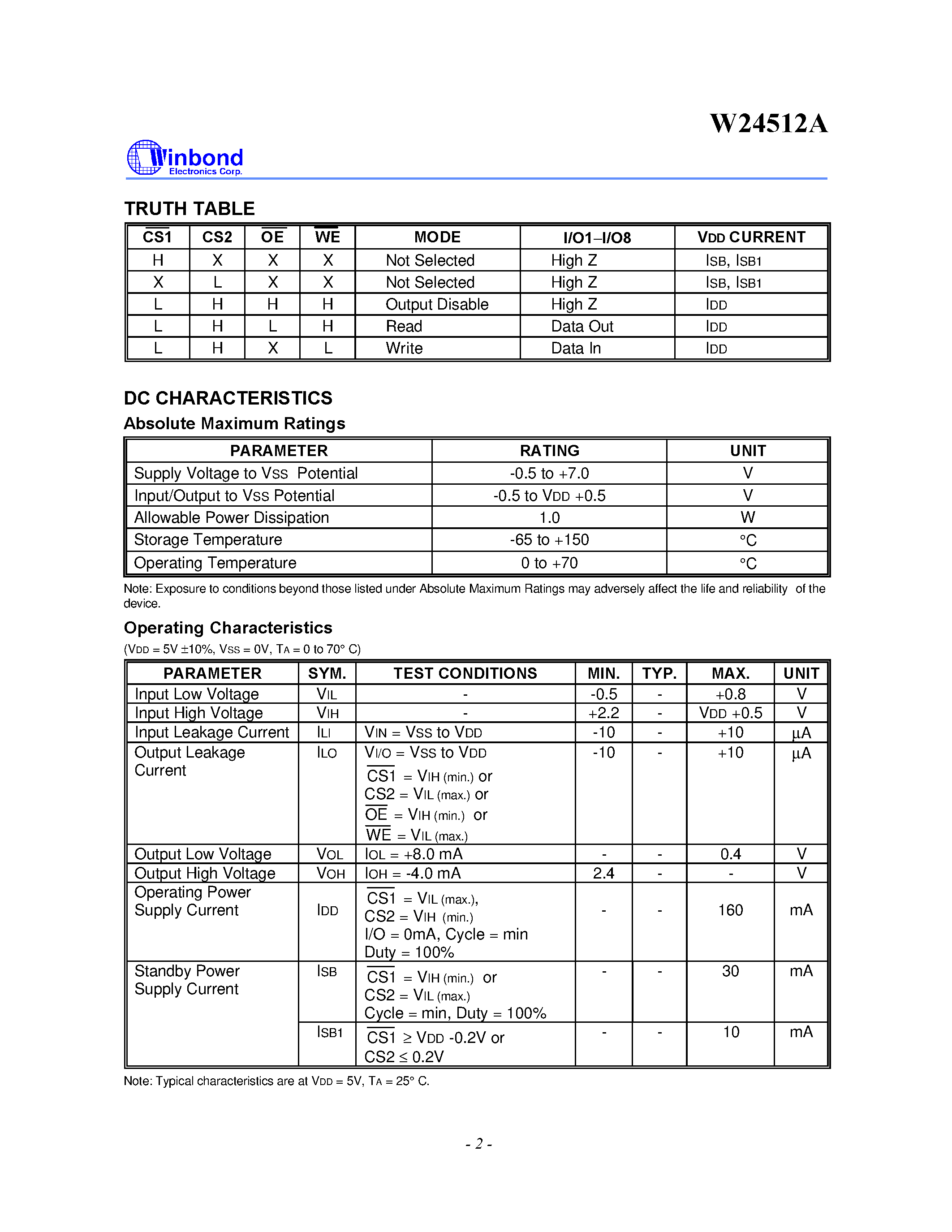 Datasheet W24512AS-25 - 64K X 8 HIGH SPEED CMOS STATIC RAM page 2