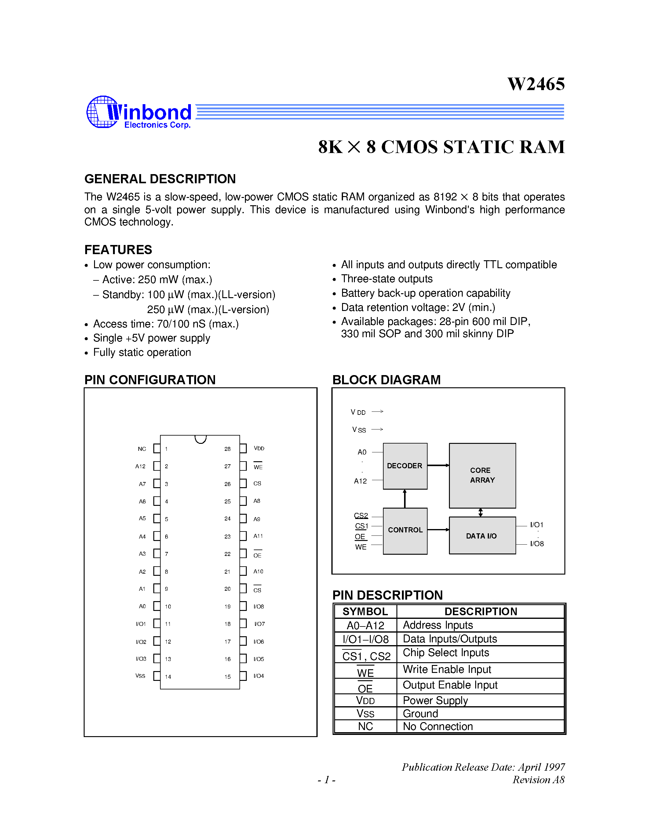 Datasheet W2465 - 8K X 8 CMOS STATIC RAM page 1