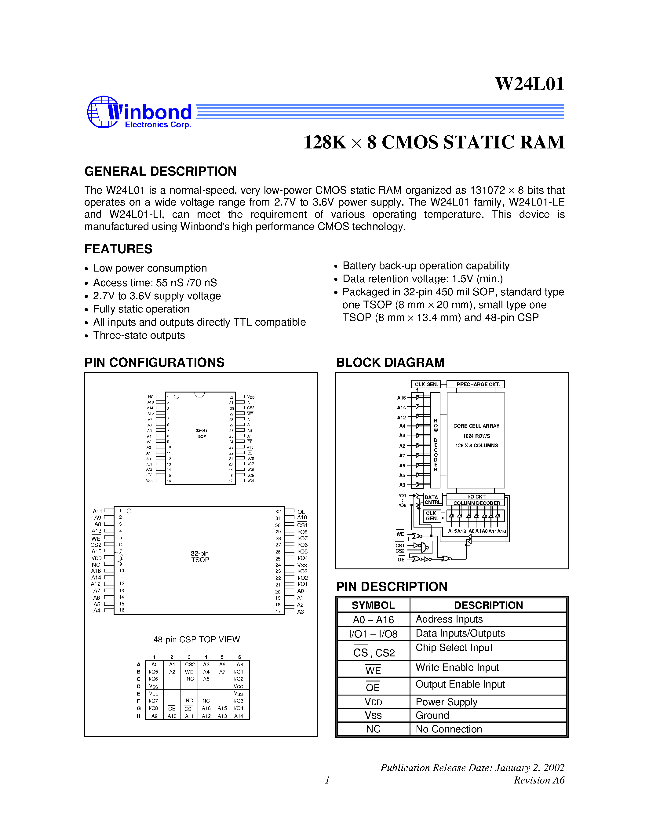 Datasheet W24L01 - 128K X 8 CMOS STATIC RAM page 1