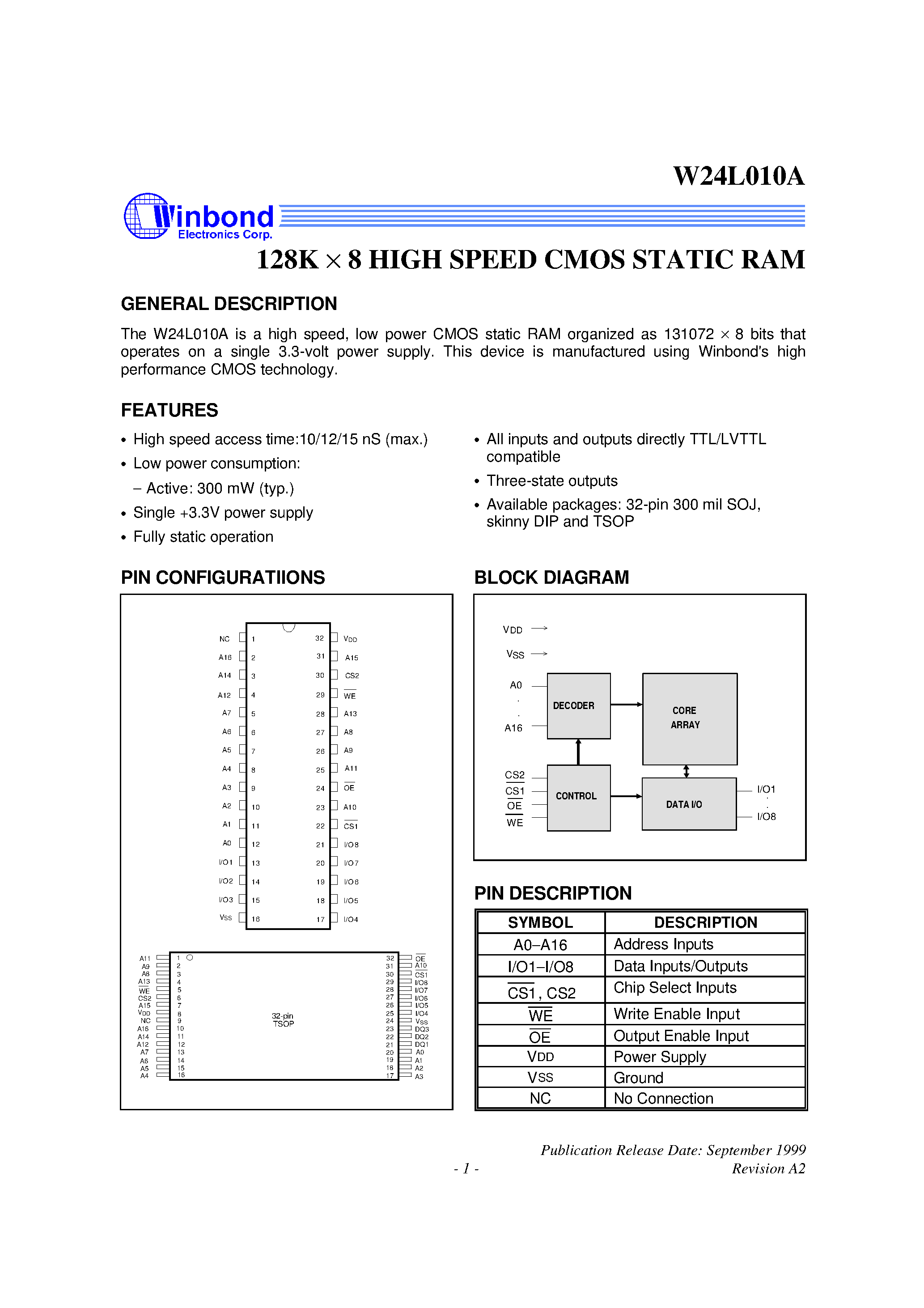 Даташит W24L010A - 128K X 8 High Speed CMOS Static RAM страница 1