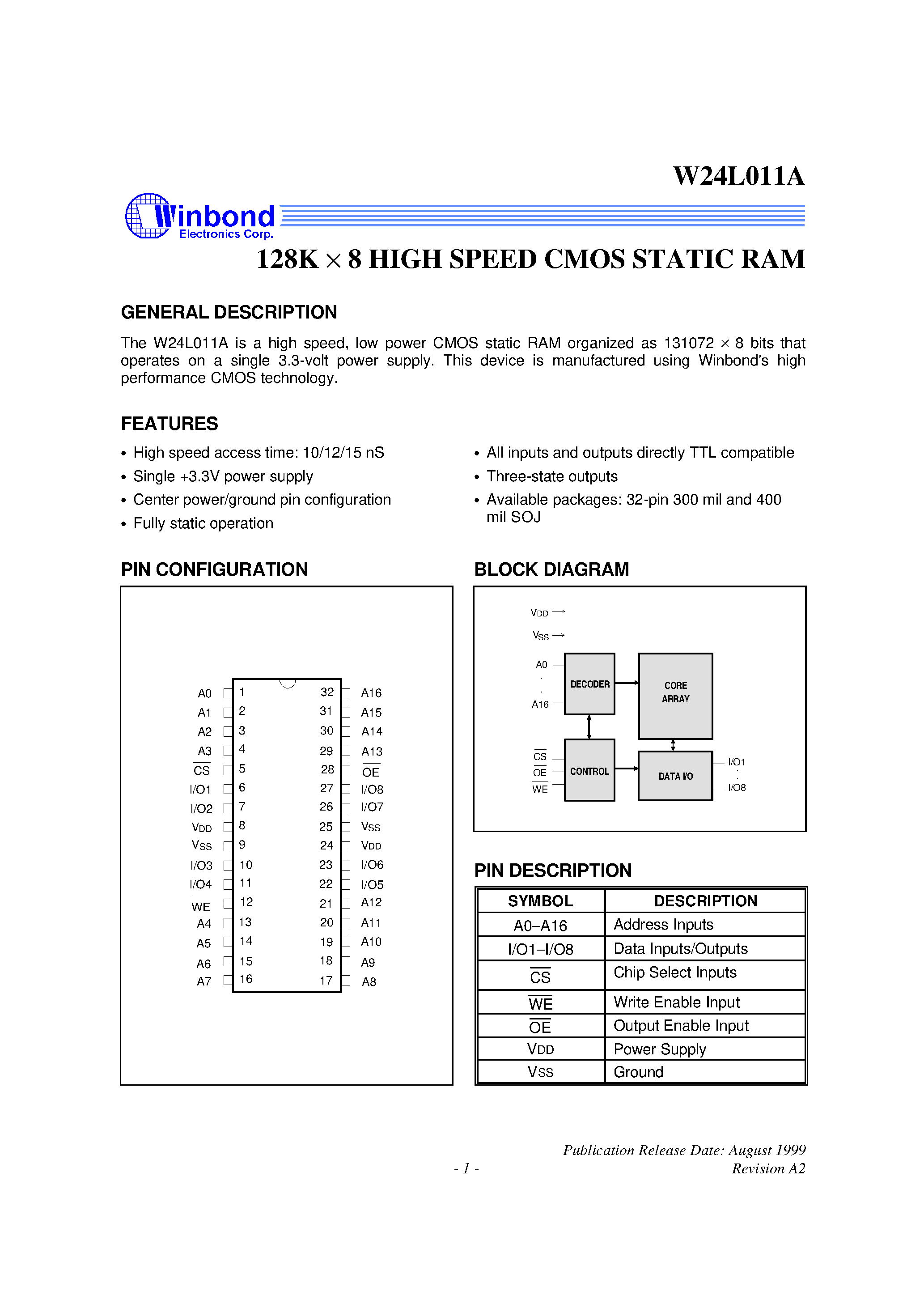 Datasheet W24L011A - 128K X 8 High Speed CMOS Static RAM page 1