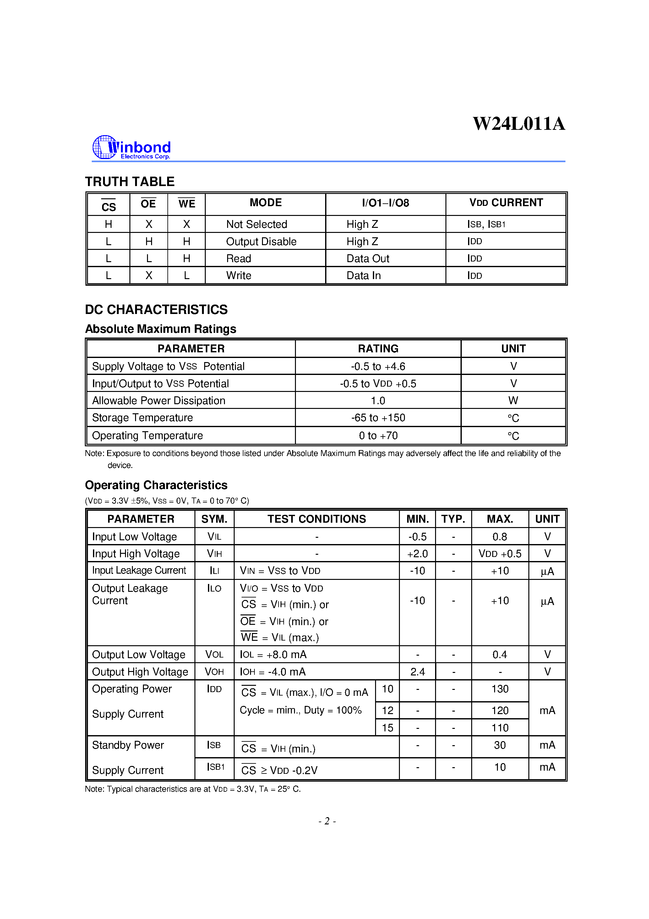 Datasheet W24L011A - 128K X 8 High Speed CMOS Static RAM page 2