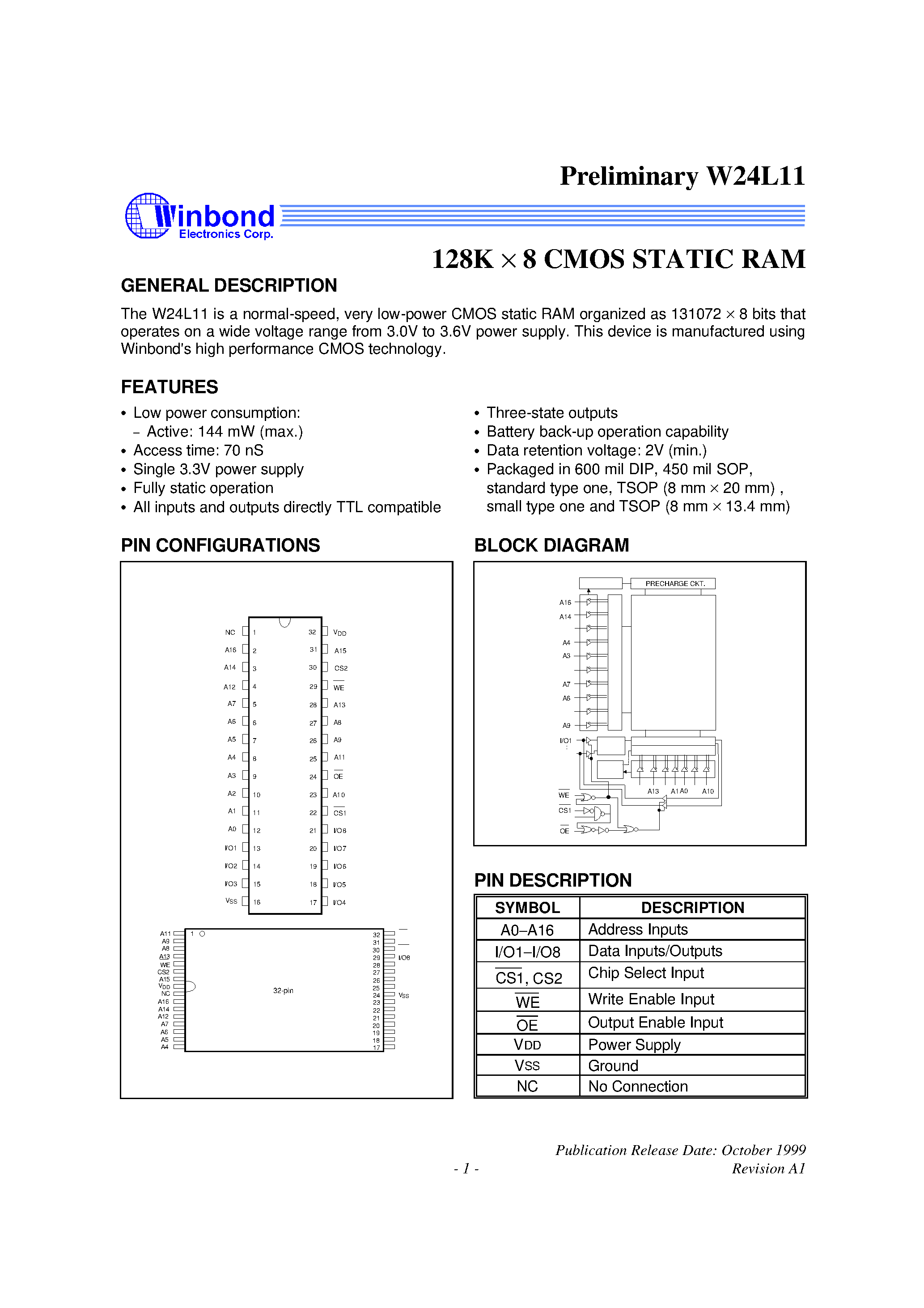 Datasheet W24L11-70L - 128K X 8 High Speed CMOS Static RAM page 1