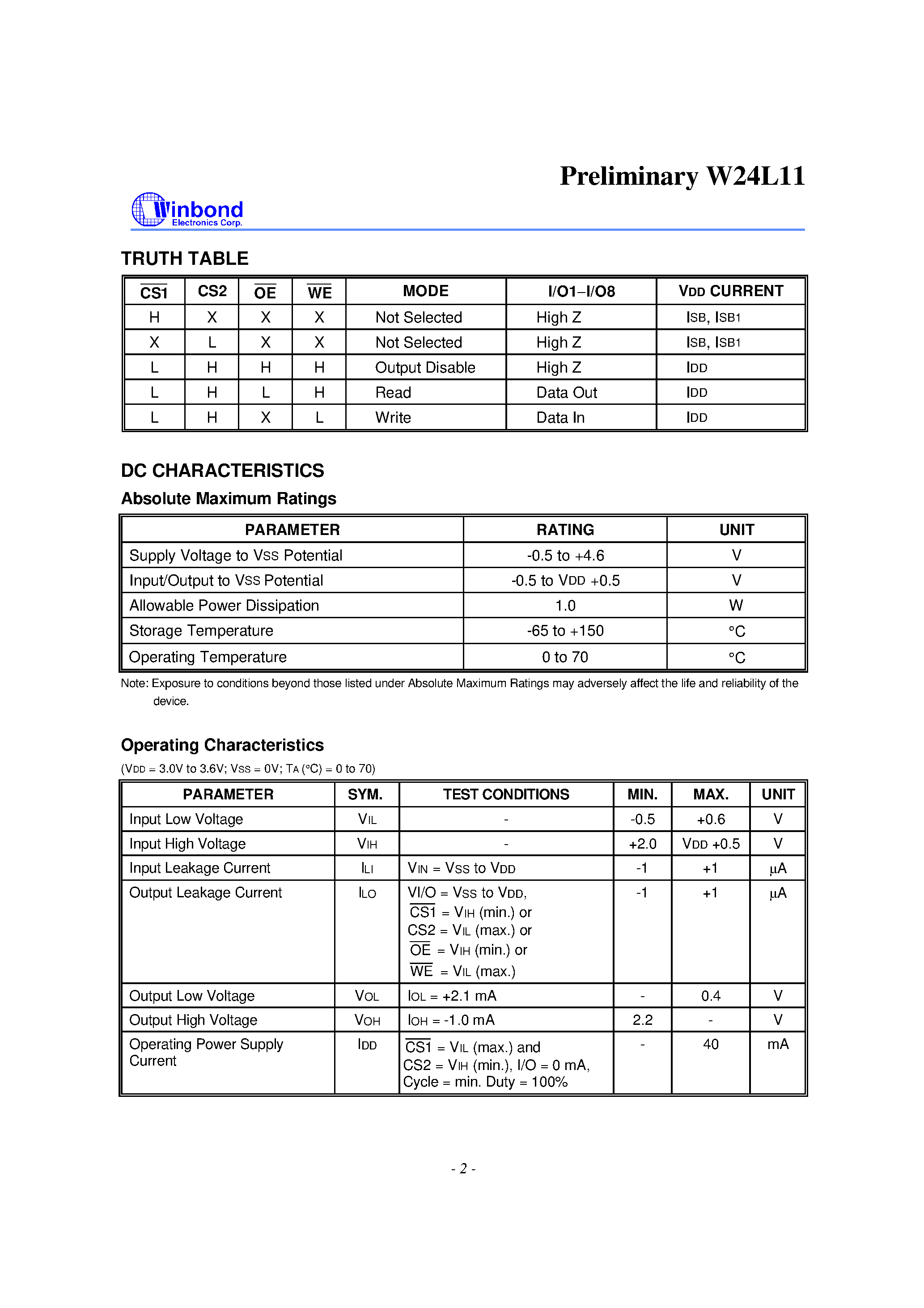 Datasheet W24L11-70L - 128K X 8 High Speed CMOS Static RAM page 2