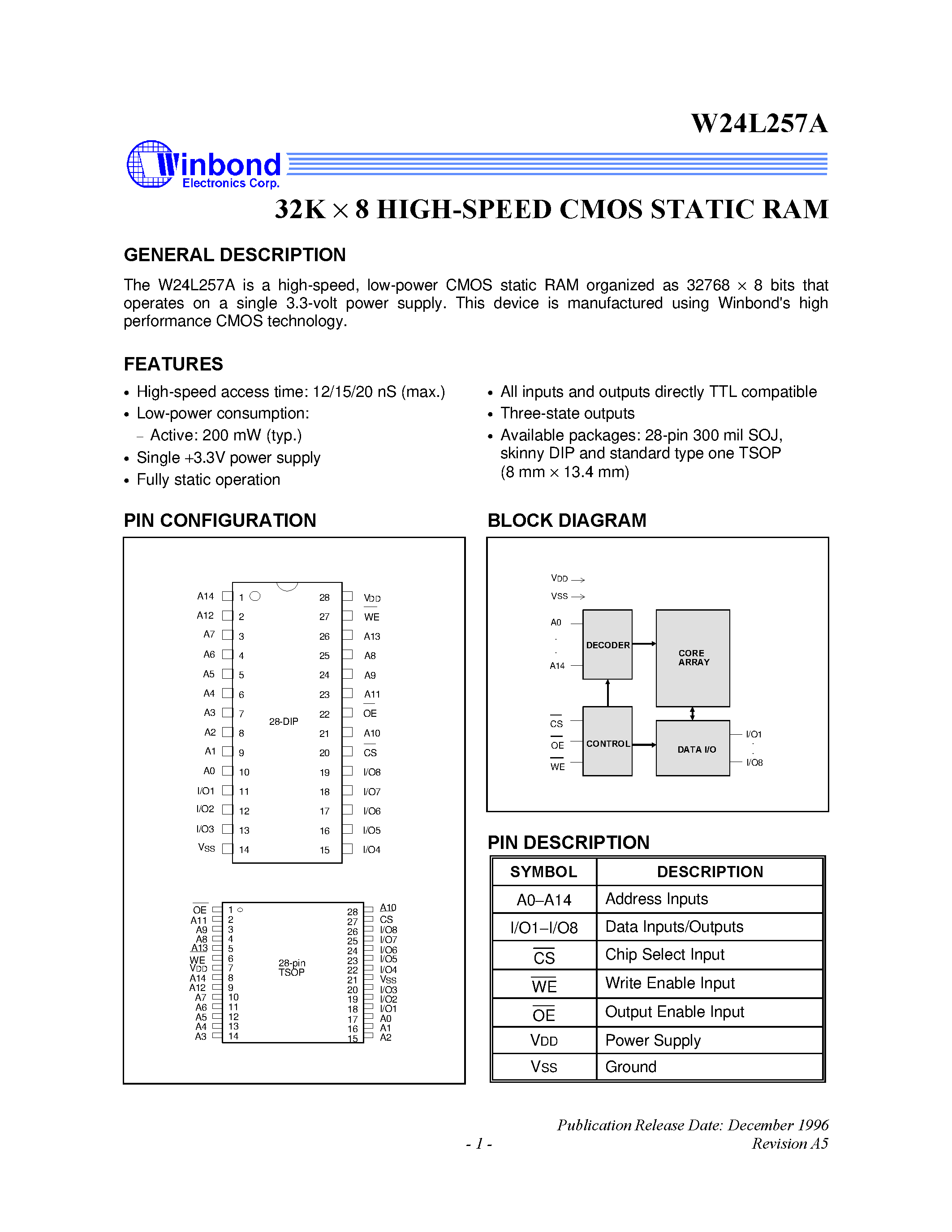 Datasheet W24L257 - 32K X 8 High Speed CMOS Static RAM page 1