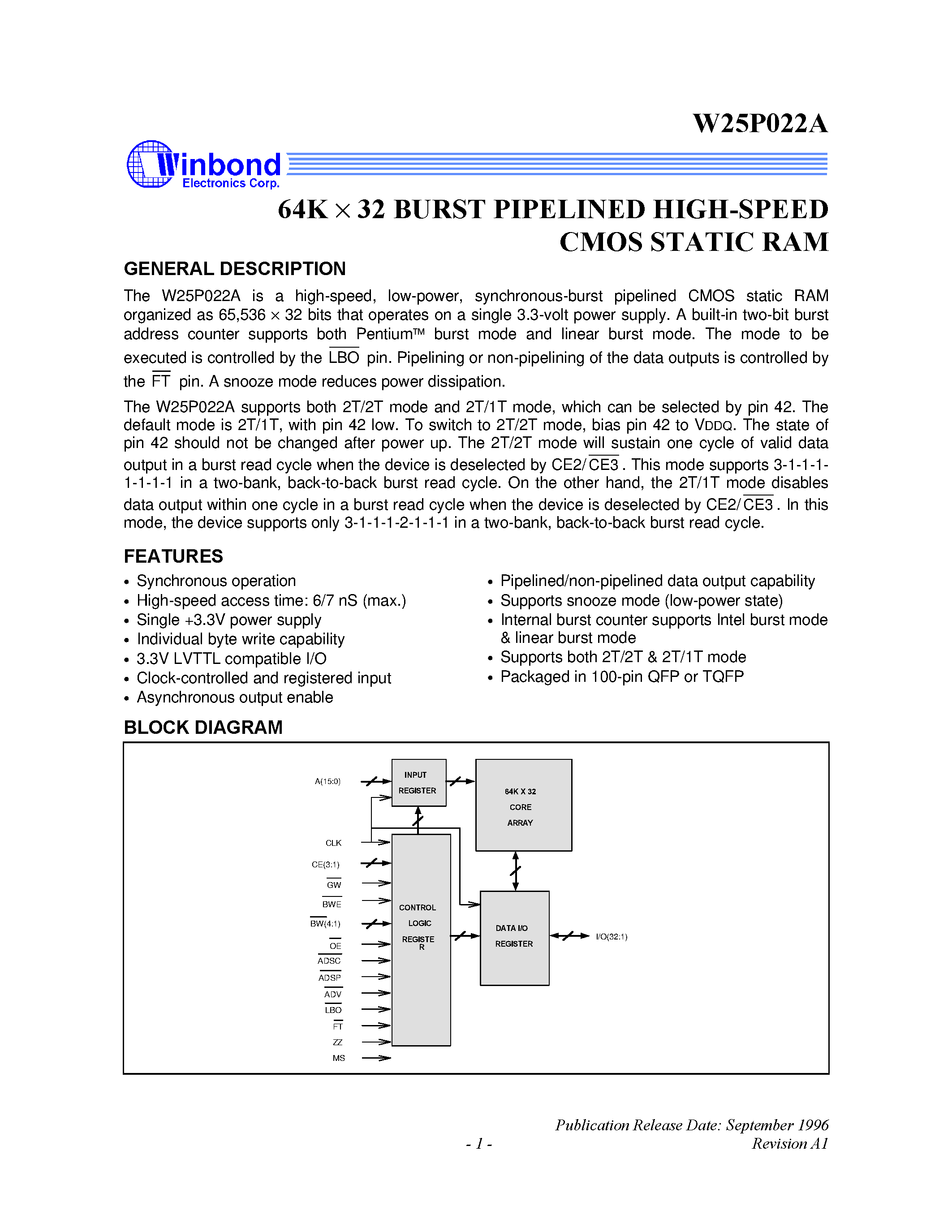 Datasheet W25P022A - 64K X 32 BURST PIPELINED HIGH-SPEED CMOS STATIC RAM page 1