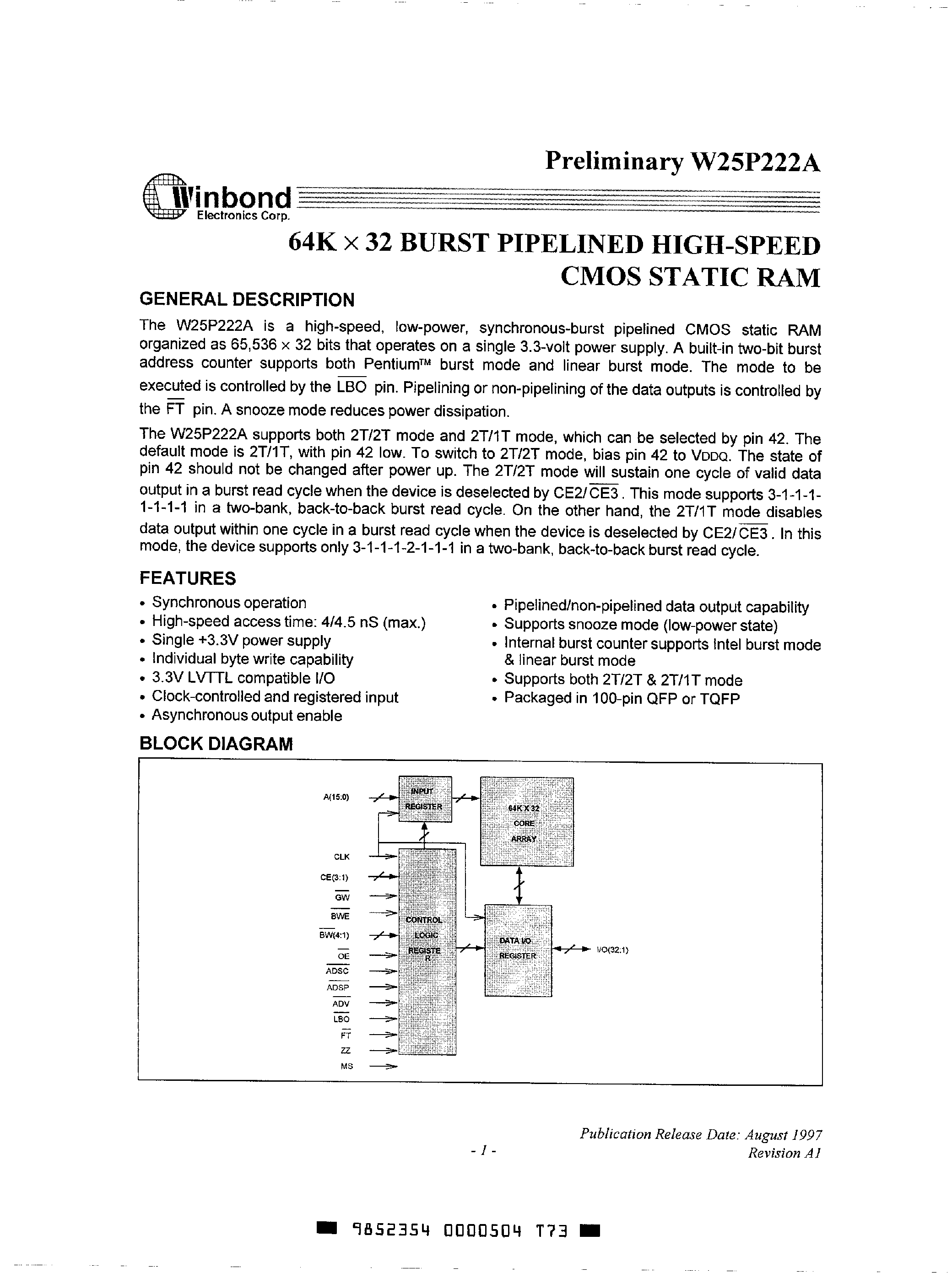 Datasheet W25P222A - 64K X 32 BURST PIPELINED HIGH-SPEED CMOS STATIC RAM page 1