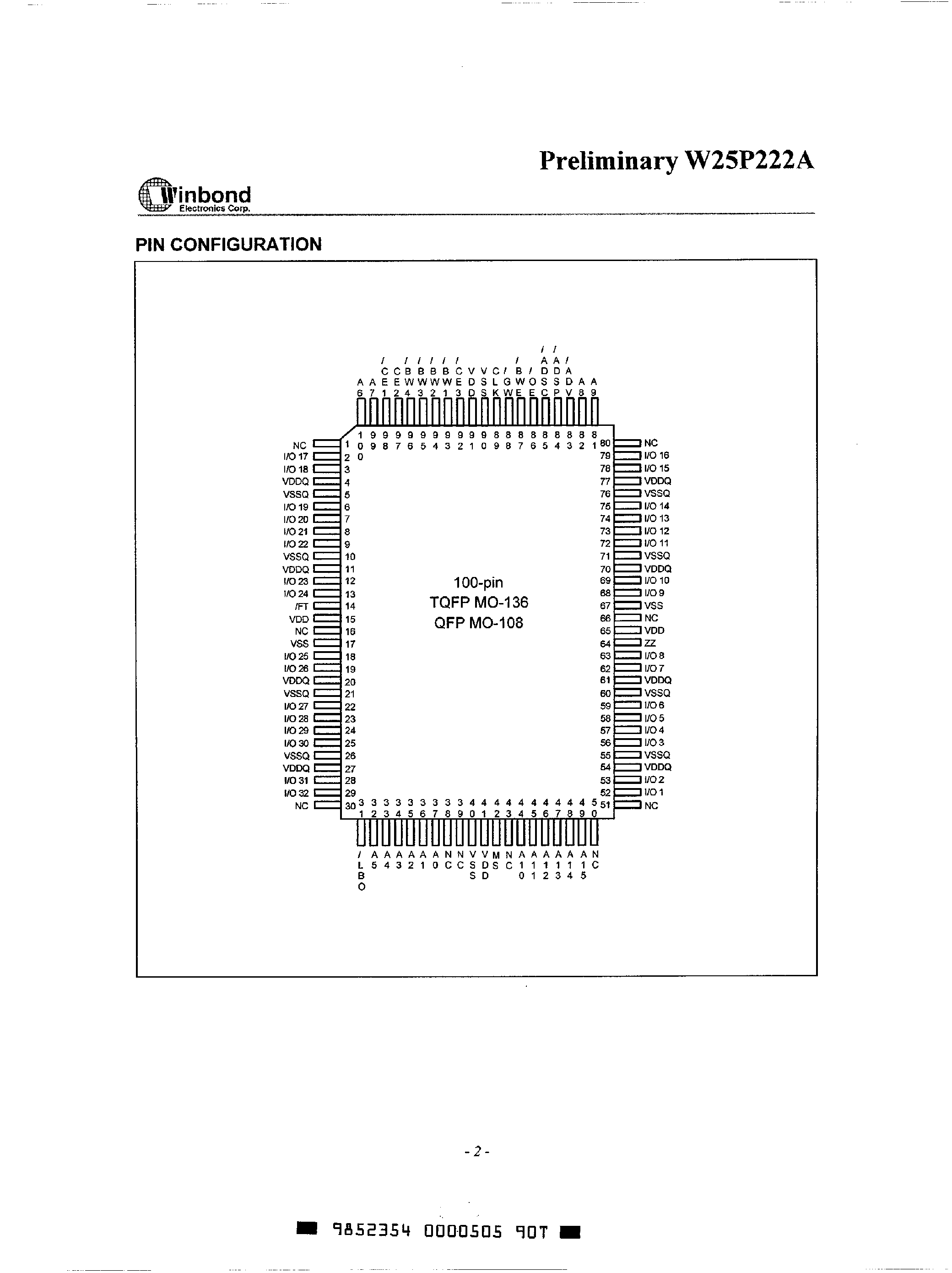 Datasheet W25P222A - 64K X 32 BURST PIPELINED HIGH-SPEED CMOS STATIC RAM page 2