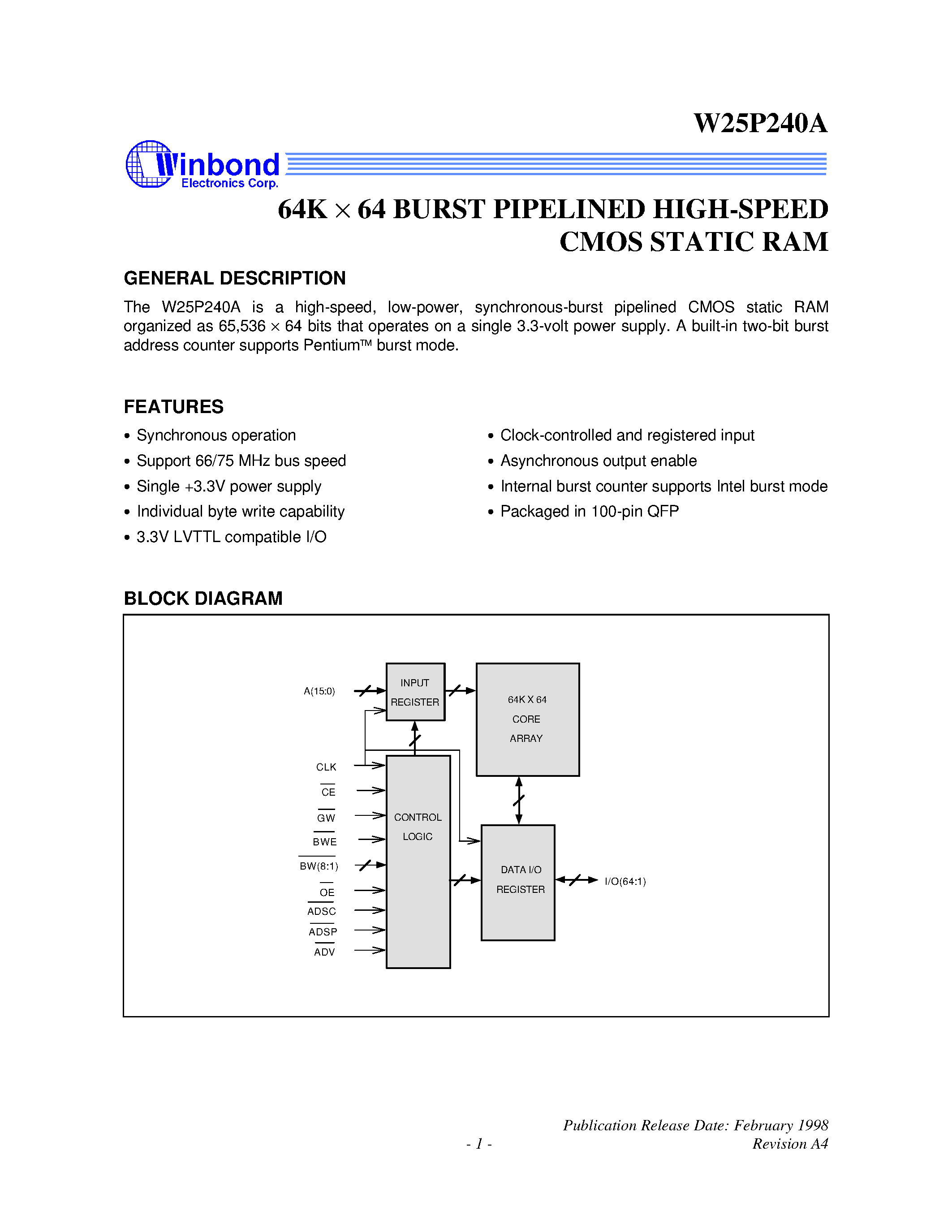 Datasheet W25P240A - 64K X 64 BURST PIPELINED HIGH-SPEED CMOS STATIC RAM page 1