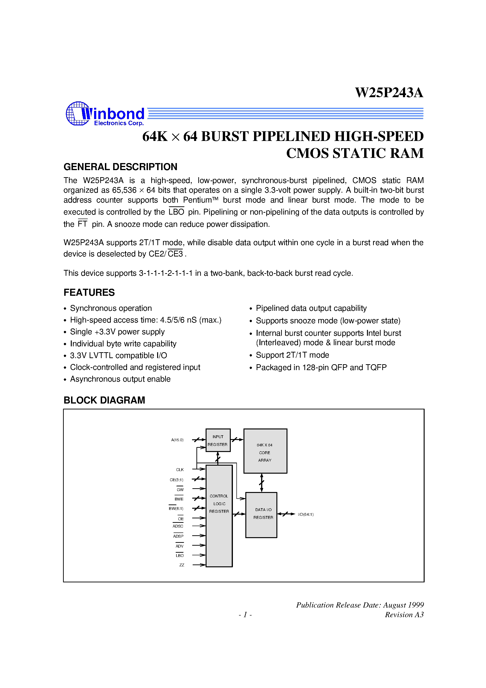 Datasheet W25P243A - 64K X 64 BURST PIPELINED HIGH-SPEED CMOS STATIC RAM page 1