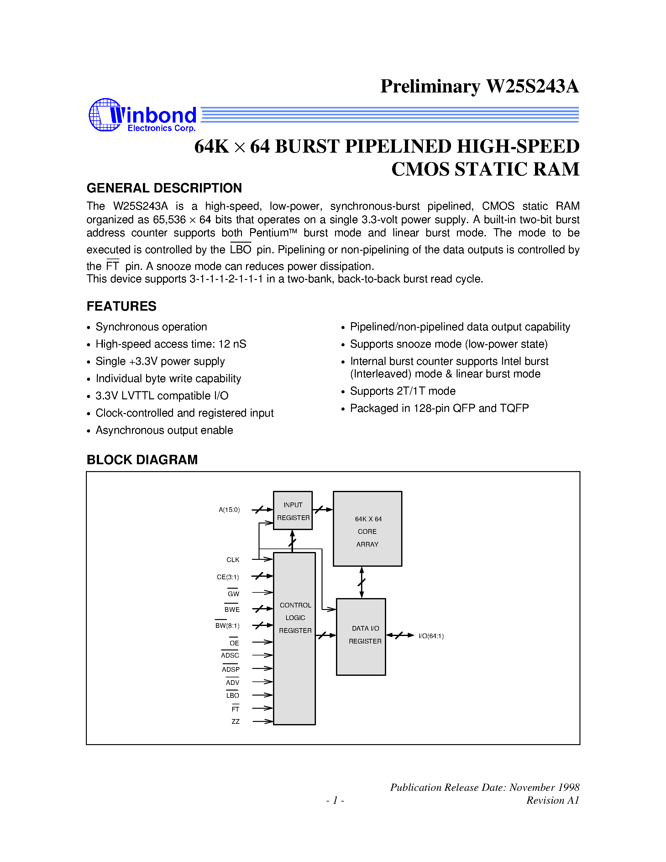 Datasheet W25S243A - 64K X 64 BURST PIPELINED HIGH-SPEED CMOS STATIC RAM page 1