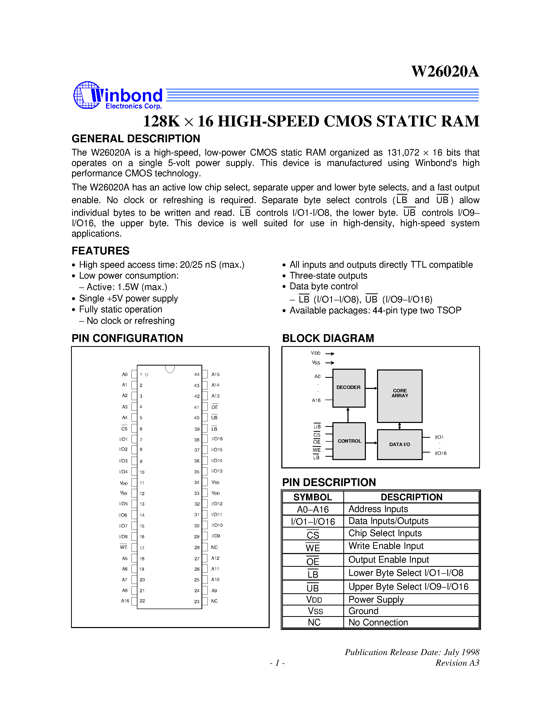 Datasheet W26020A - 128K X 16 High Speed CMOS Static RAM page 1