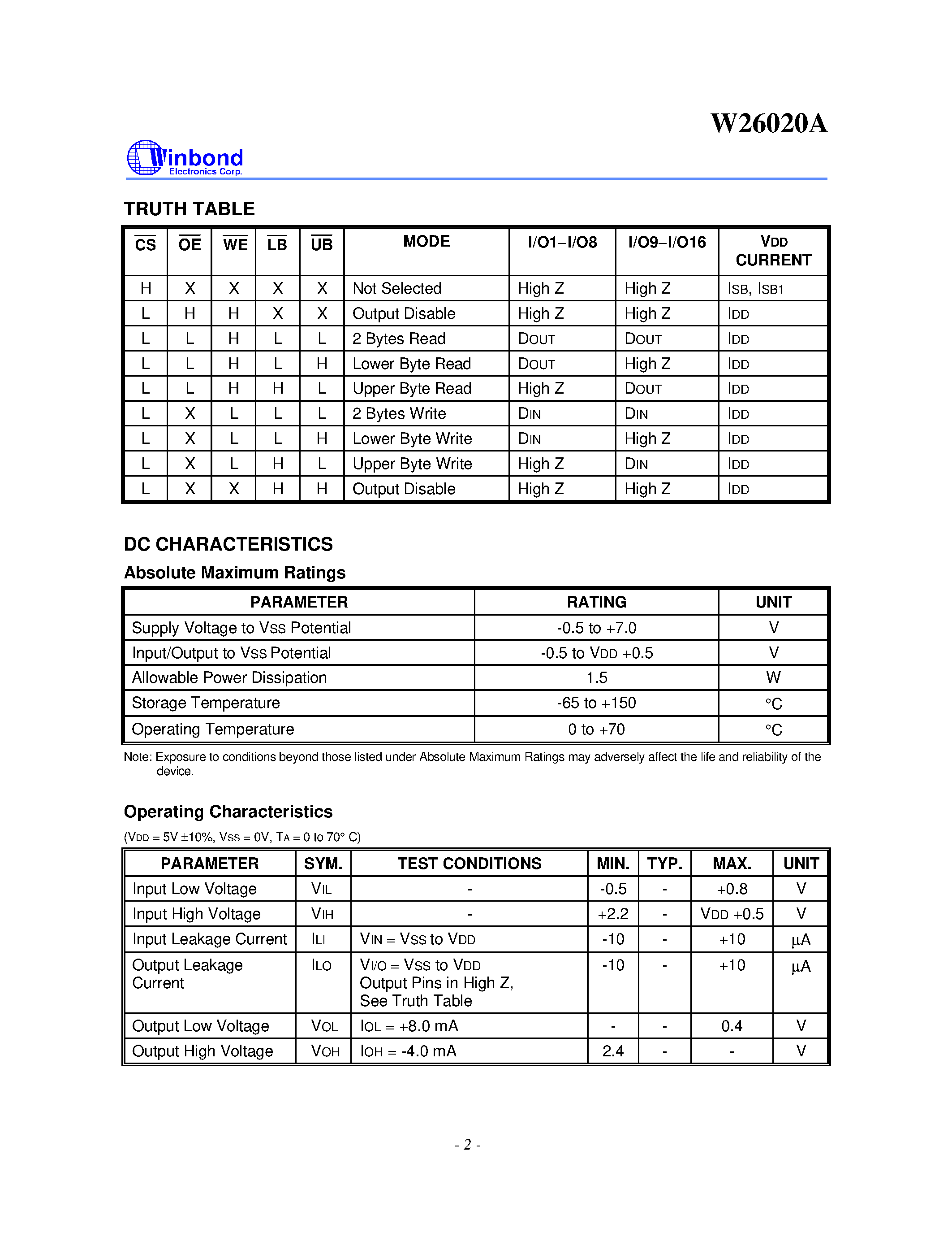 Datasheet W26020A - 128K X 16 High Speed CMOS Static RAM page 2