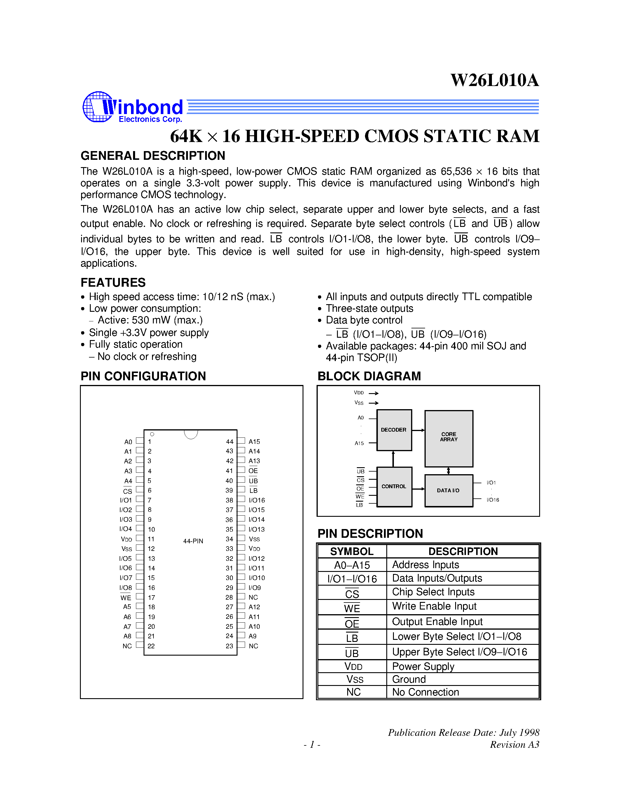 Datasheet W26L010A - 64K X 16 High Speed CMOS Static RAM page 1