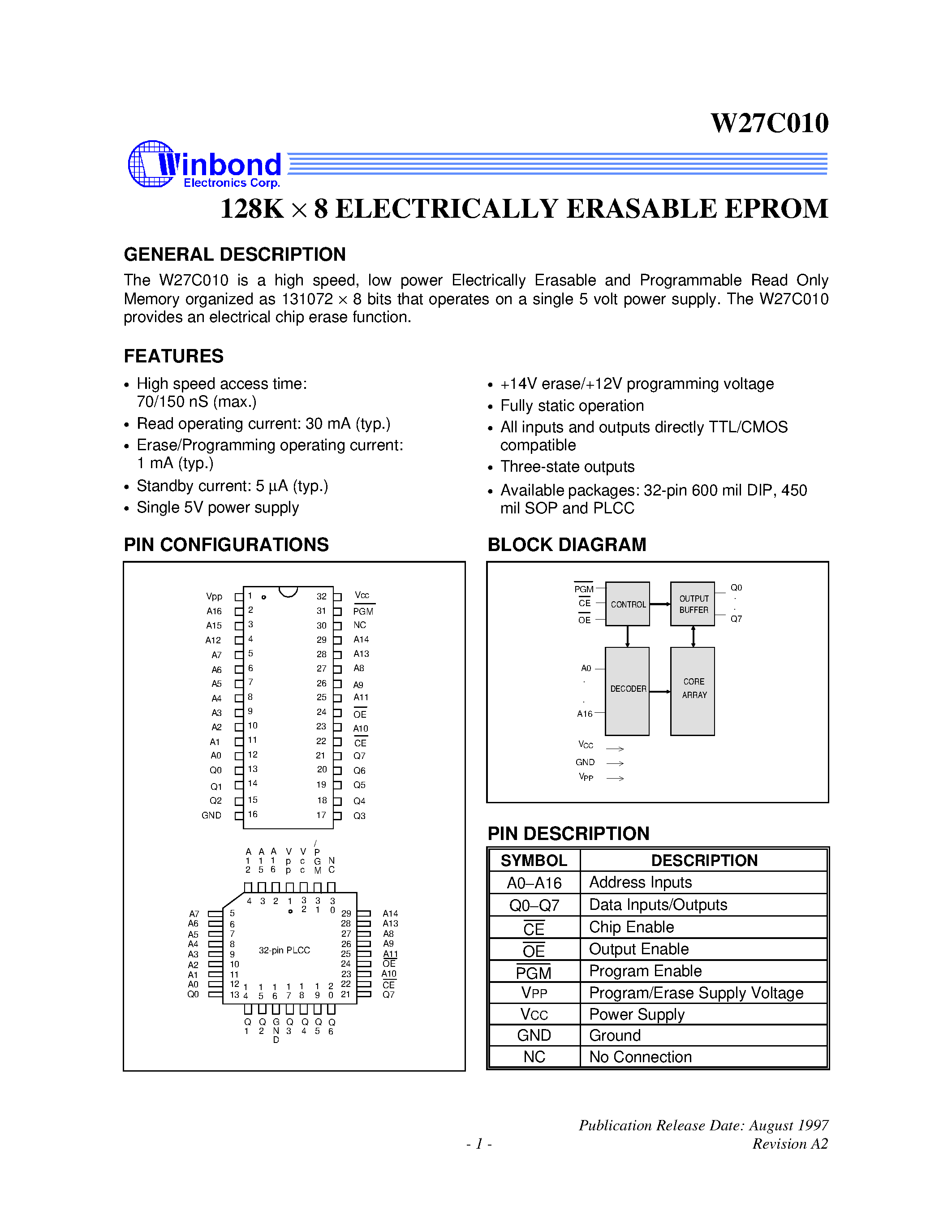 Datasheet W27C010 - 128K X 8 ELECTRICALLY ERASABLE EPROM page 1