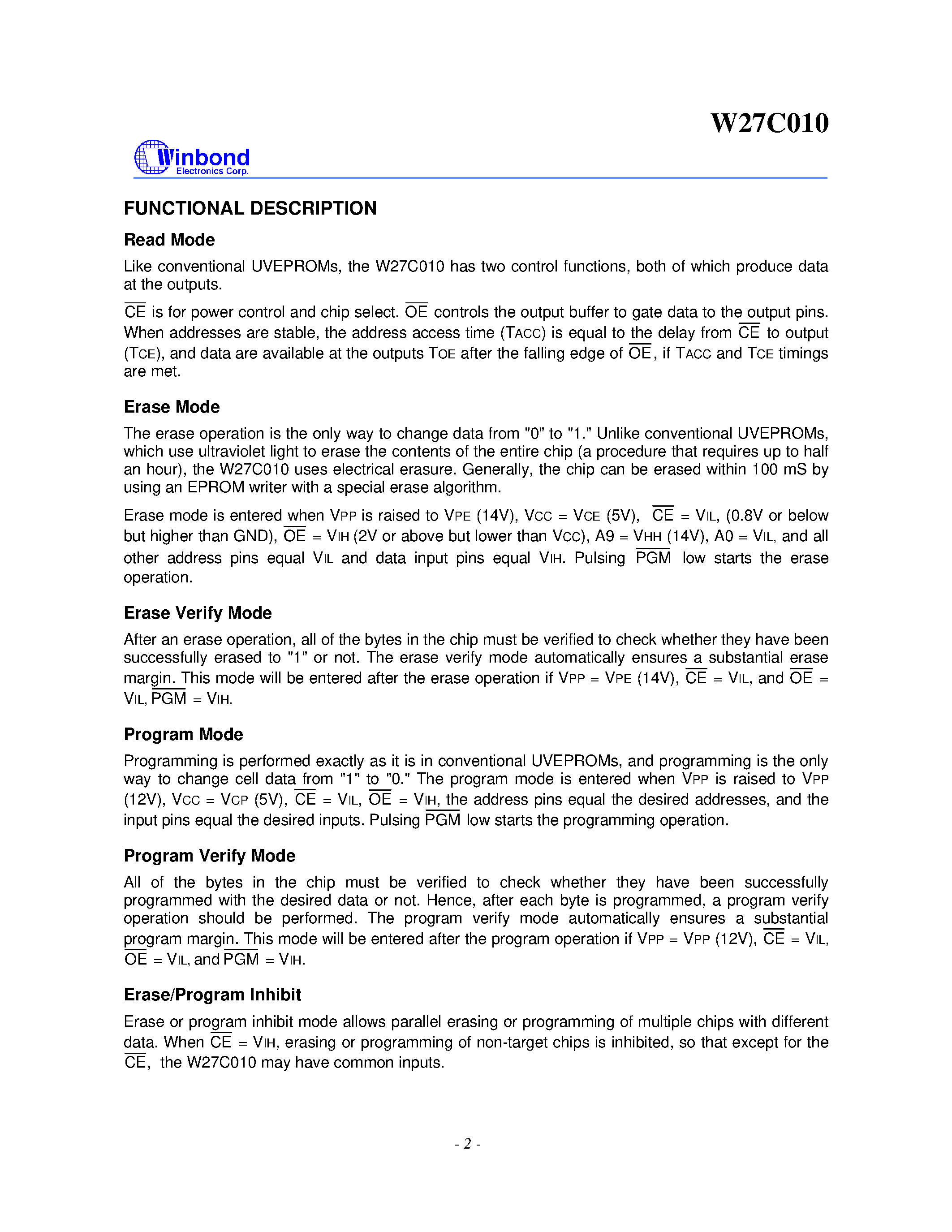 Datasheet W27C010 - 128K X 8 ELECTRICALLY ERASABLE EPROM page 2