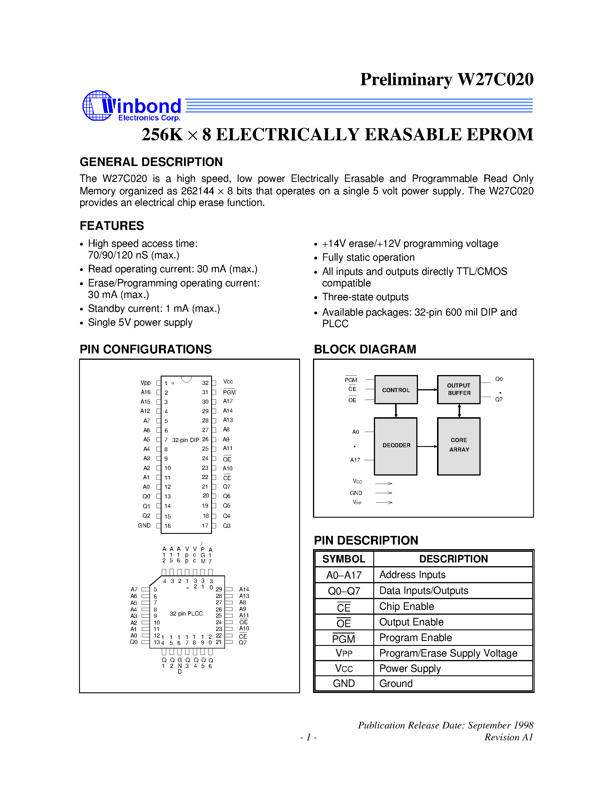 Datasheet W27C020 - 256K X 8 ELECTRICALLY ERASABLE EPROM page 1