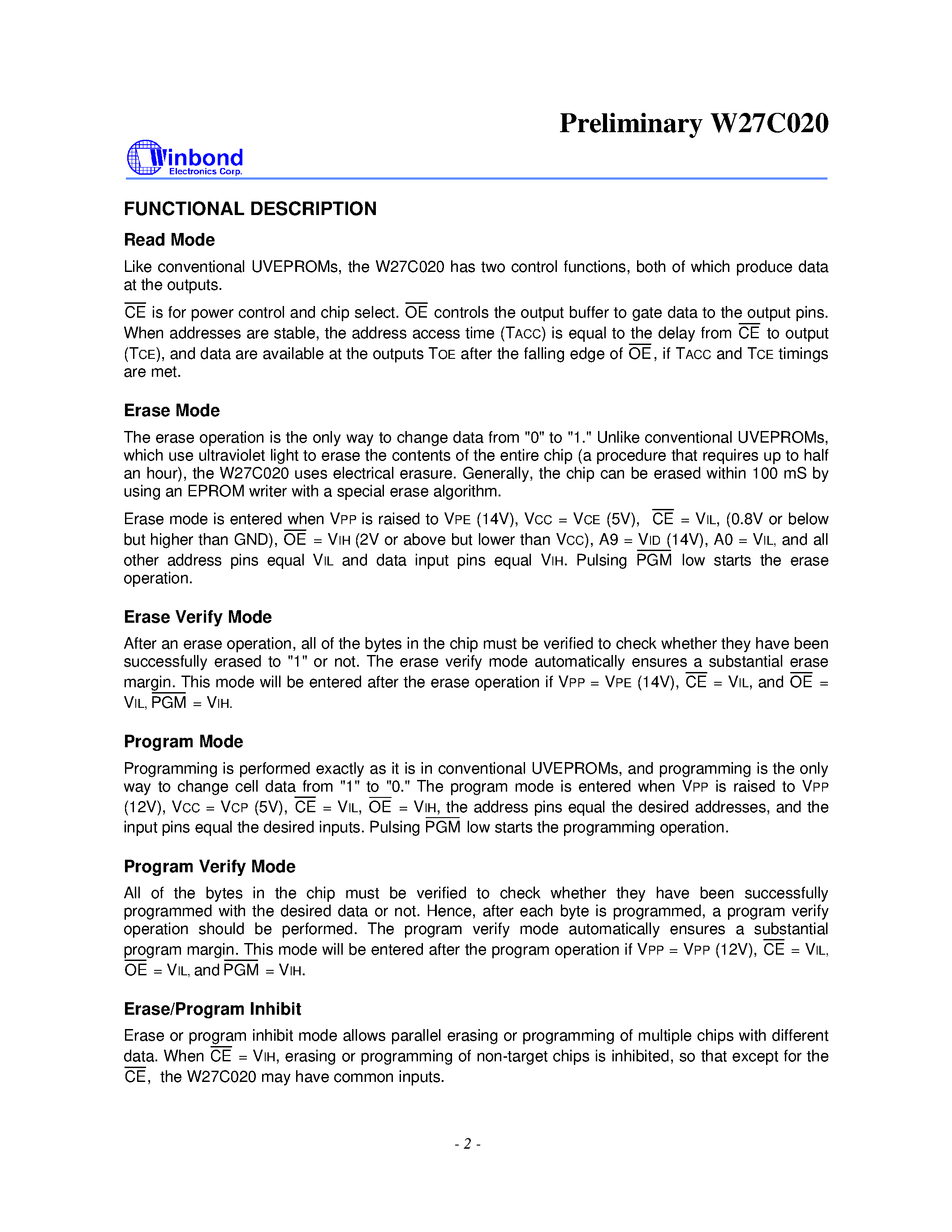 Datasheet W27C020 - 256K X 8 ELECTRICALLY ERASABLE EPROM page 2