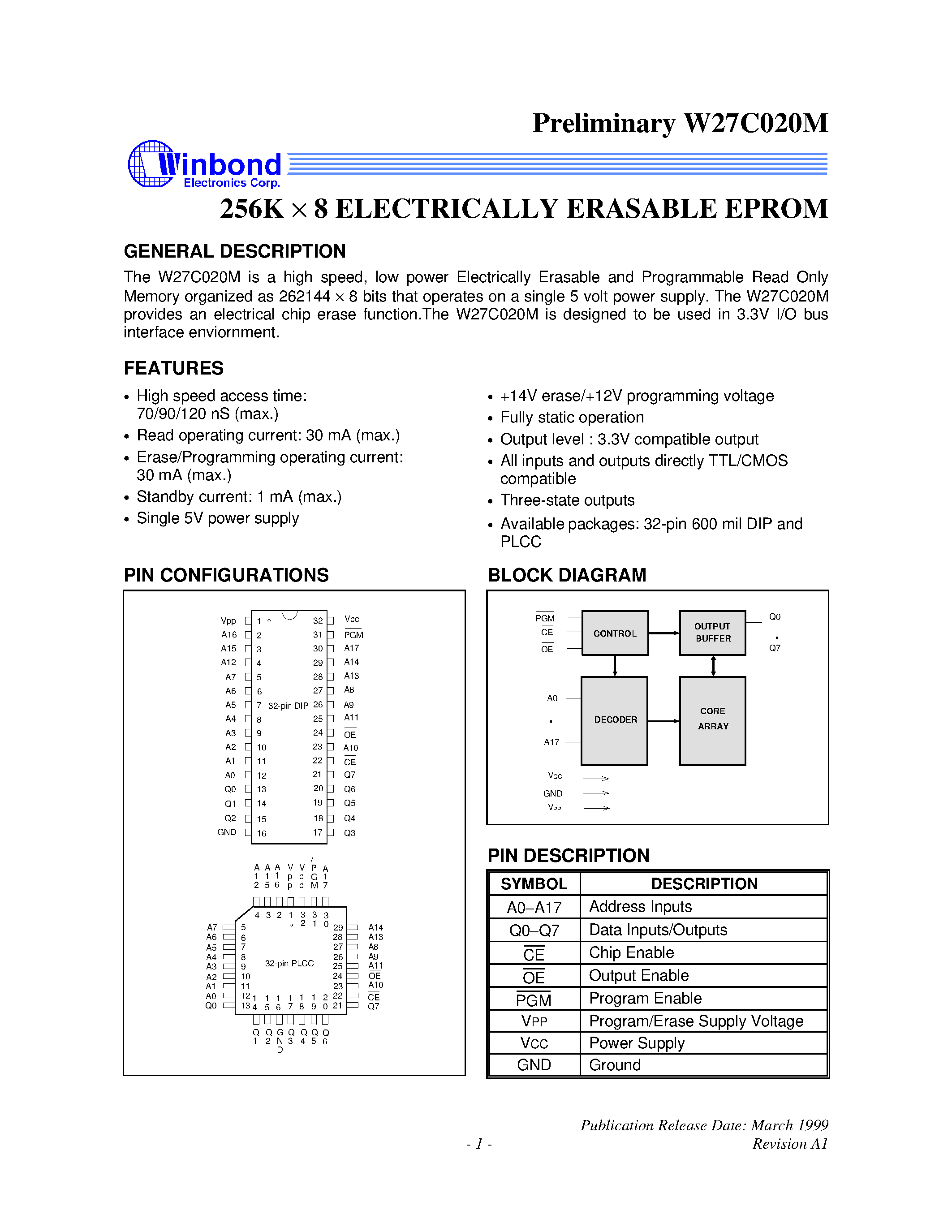 Datasheet W27C020M - 256K X 8 ELECTRICALLY ERASABLE EPROM page 1