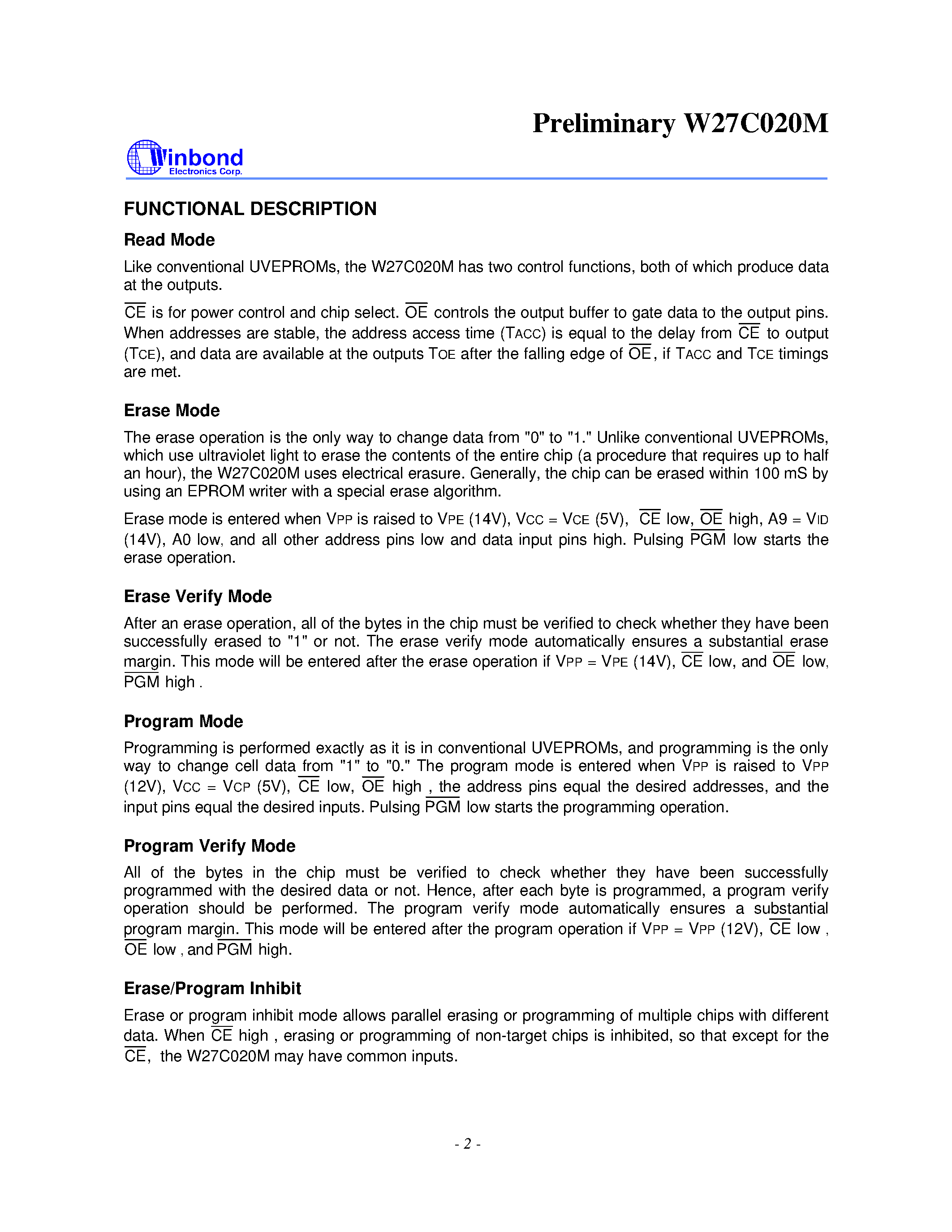 Datasheet W27C020M - 256K X 8 ELECTRICALLY ERASABLE EPROM page 2