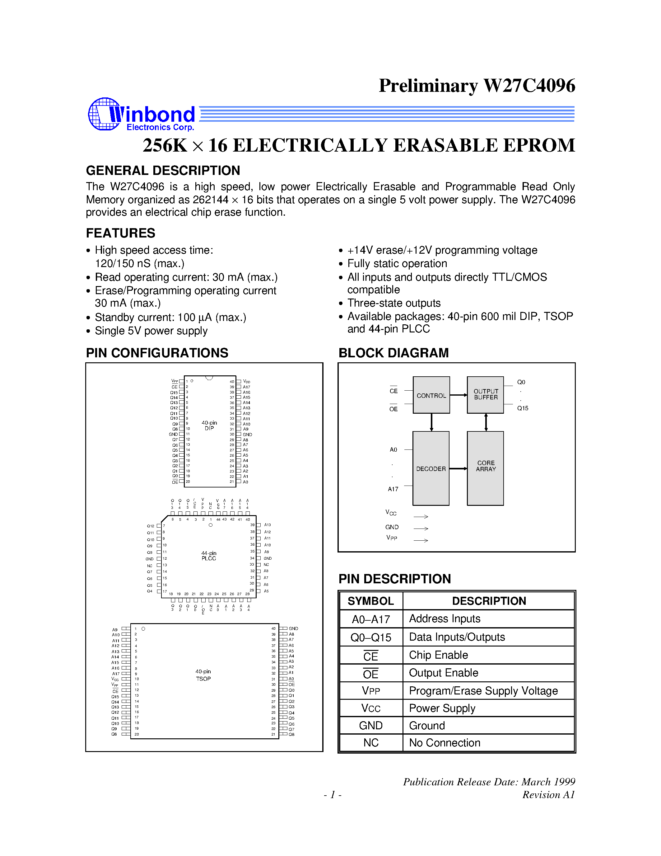 Datasheet W27C4096 - 256K X 16 ELECTRICALLY ERASABLE EPROM page 1