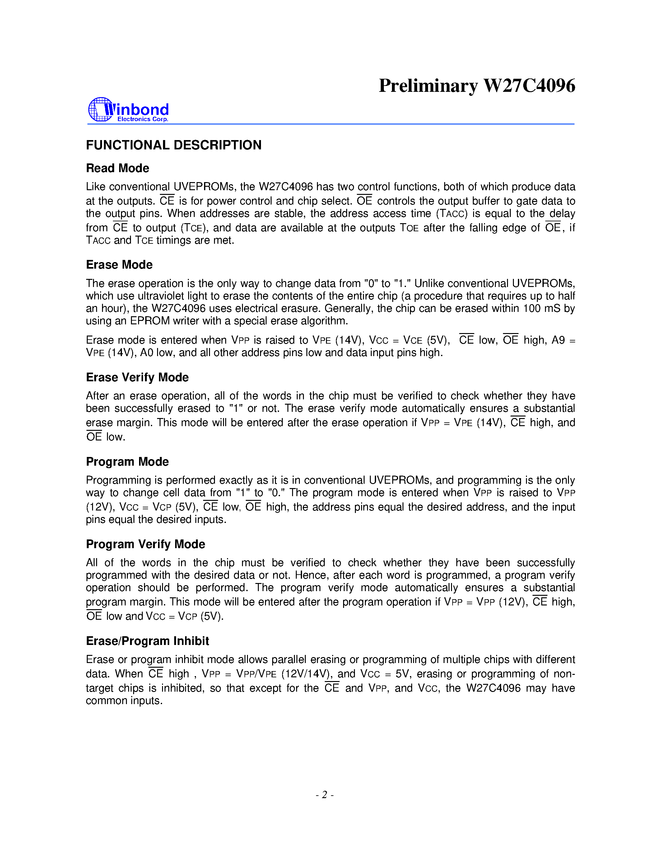 Datasheet W27C4096 - 256K X 16 ELECTRICALLY ERASABLE EPROM page 2